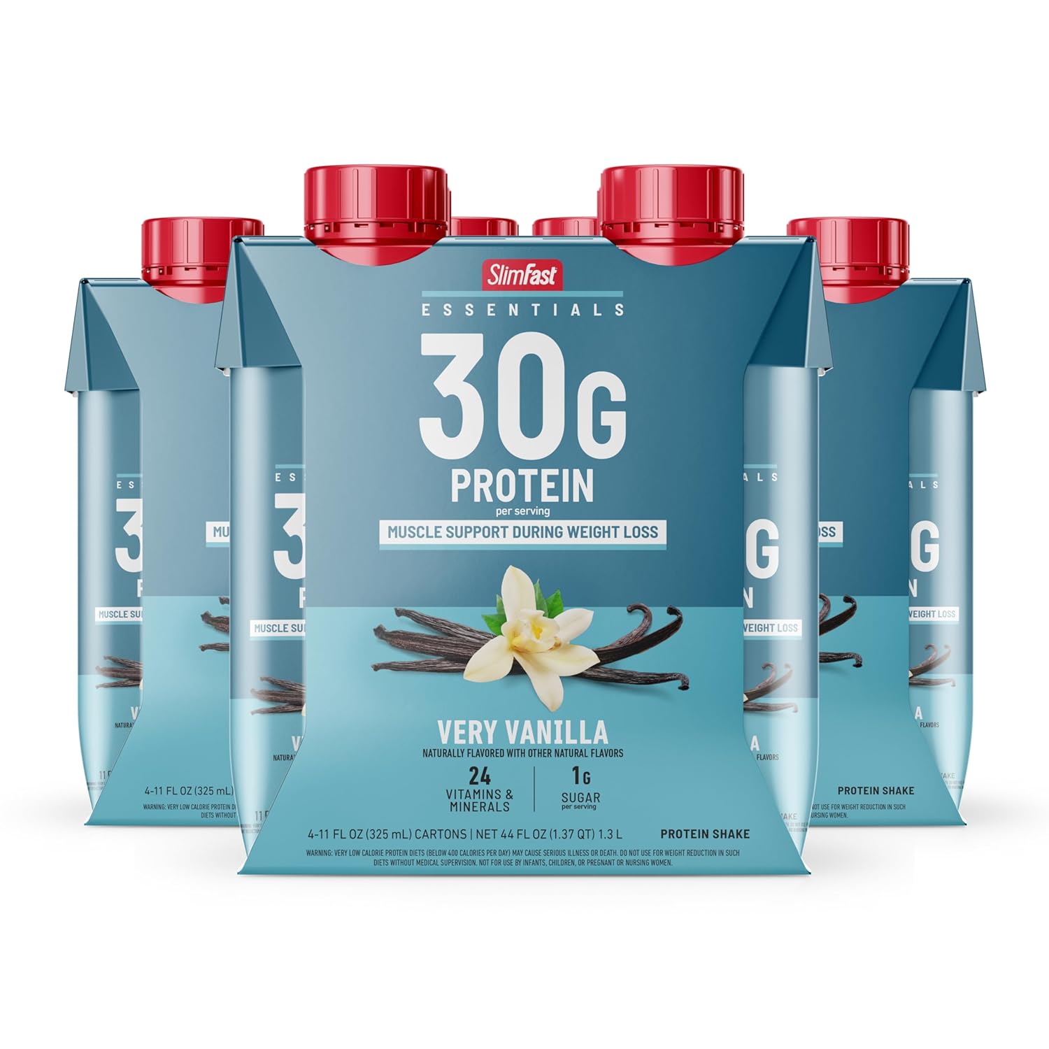 SlimFast Essentials 30g Vanilla Protein Shake, Protein Shakes Ready to Drink, Muscle Support, 1g Sugar, 24 Vitamins and Minerals, 1g Net Carbs, Very Vanilla, 12 Count