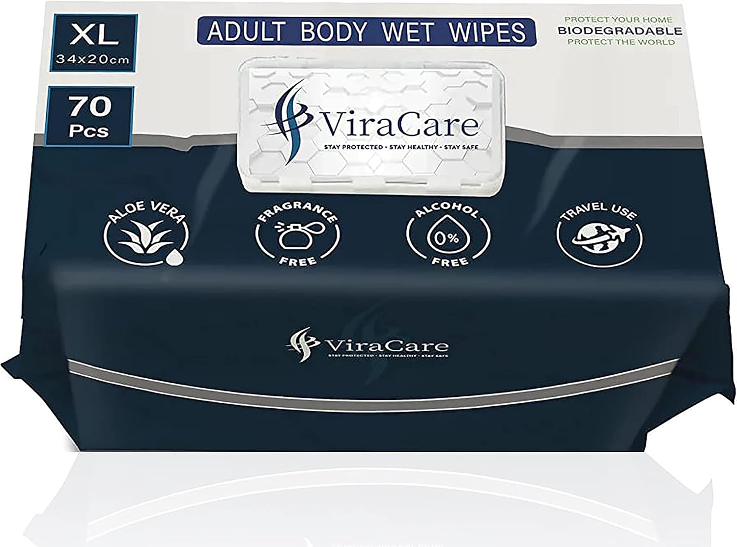 ViraCare 70 x Wet Wipes for Adults | Intimate with Aloe Vera Biodegradable Incontinence Body No Shower Extra Large Size 34 20 cm (1 Pack of 70), 70.0 count