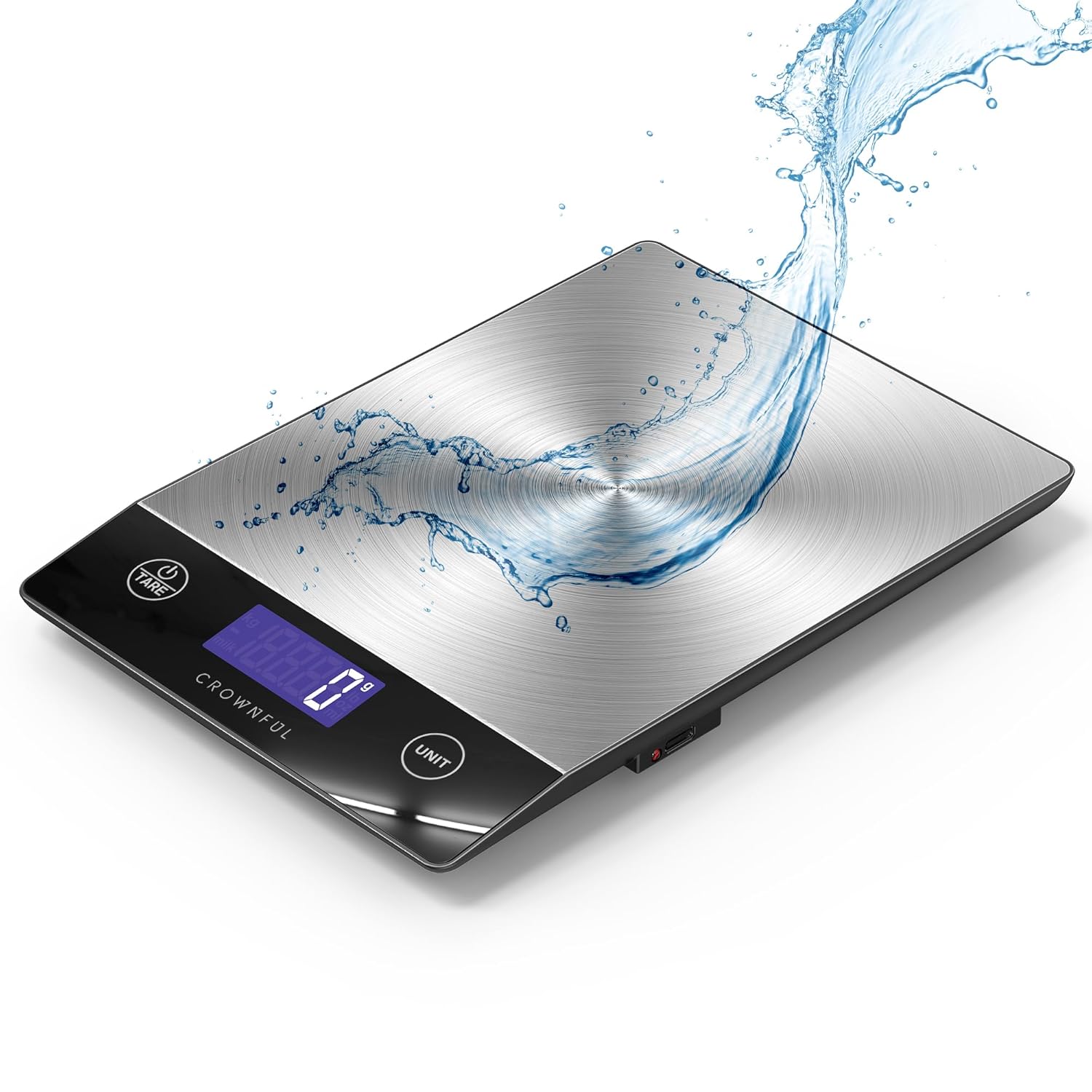 CROWNFUL Rechargeable Food Kitchen Scale, 15kg/33lb Digital Scale, Weight Grams and Ounces for Baking and Cooking, Type-C Charging, LCD Display, 304 Stainless Steel