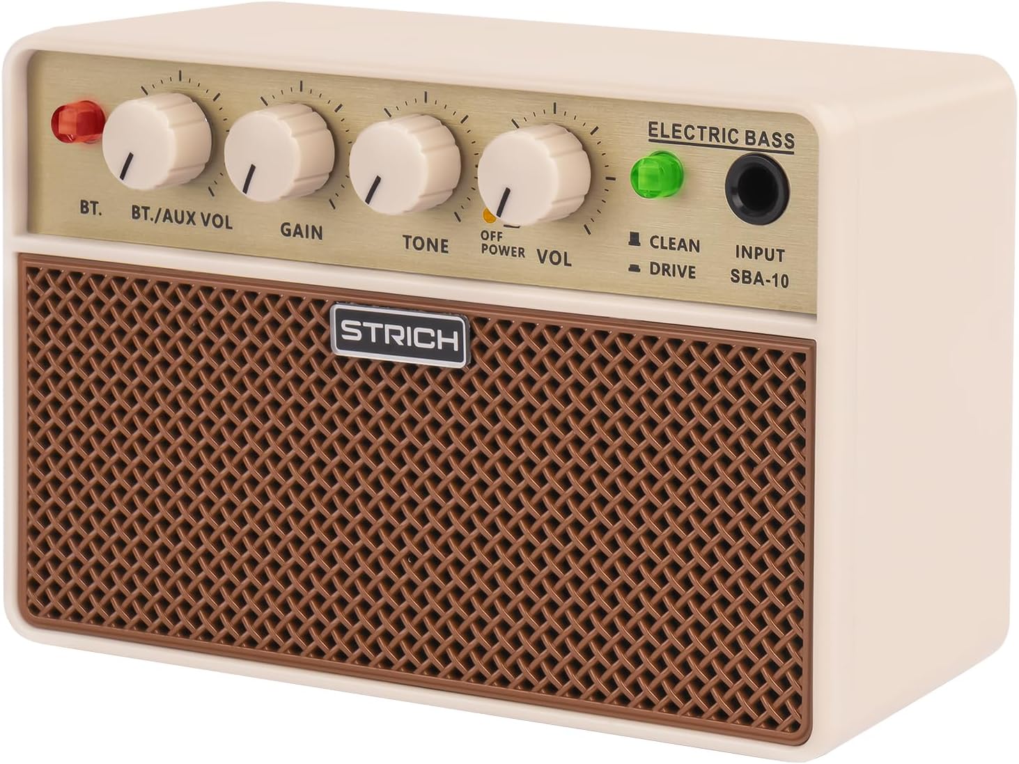 STRICH 2 x 5 W Mini Bass Amp - Portable, Rechargeable Bass Practice Amplifier with Clean & Drive Channels, 1/8 Headphone Output for Beginner, Brown