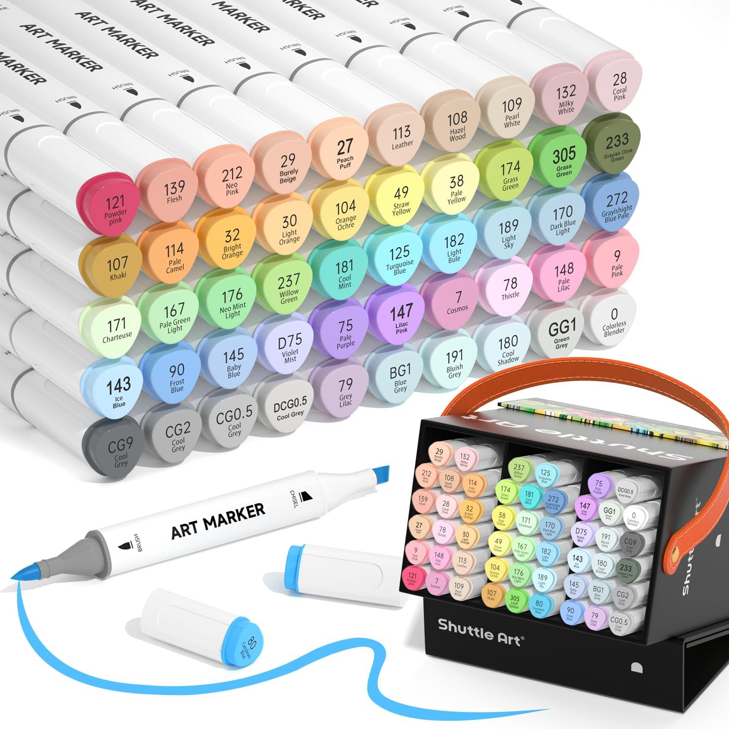 Shuttle Art Pastel Alcohol Markers Brush tip, Dual Tip Brush & Chisel Tip Art Marker Set, 50 Colors plus 1 Blender Marker Pens with Case Perfect for Illustration Students Adults Coloring Sketching