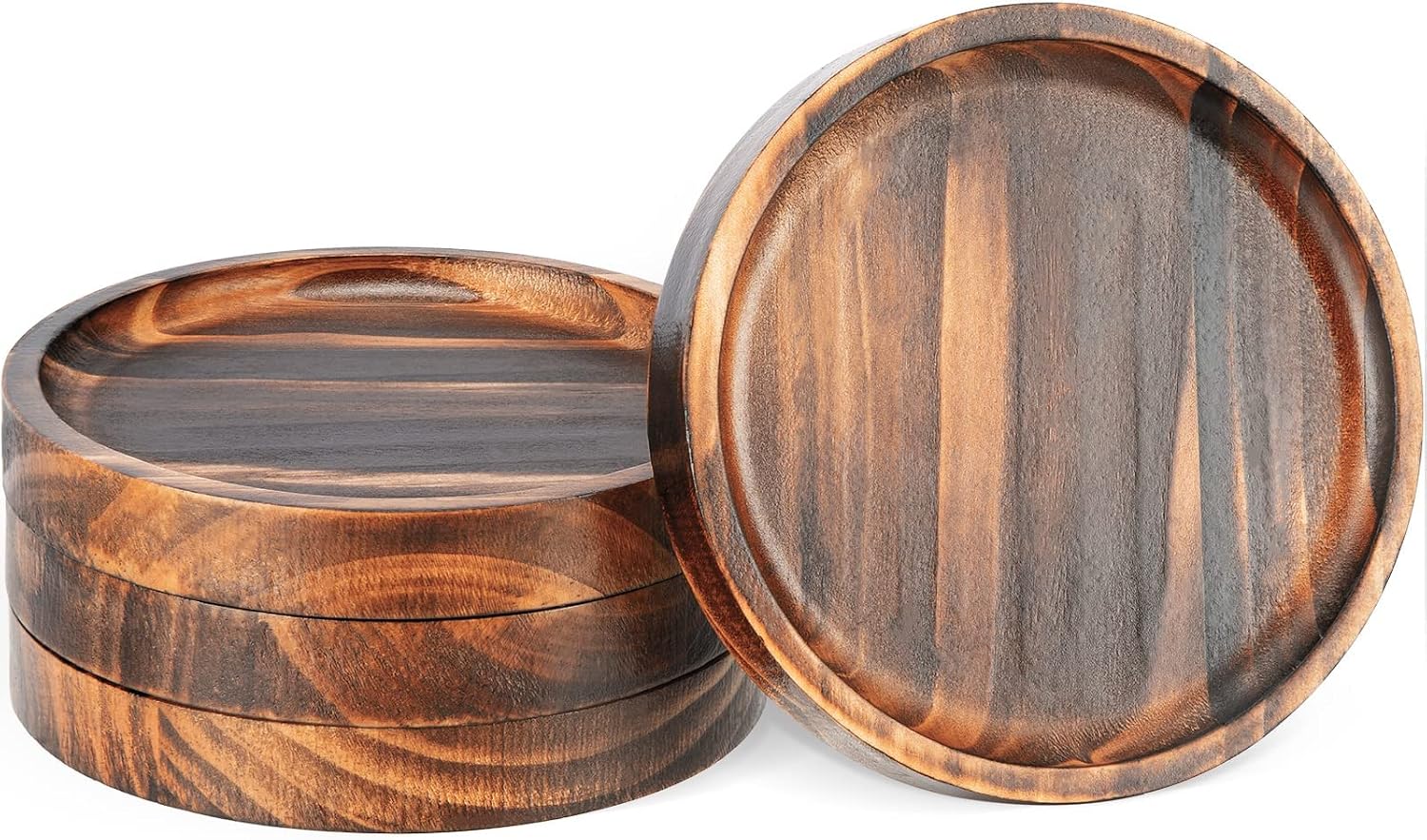 Wooden Coasters for Drinks - Natural Wood Drink Coaster Set for Drinking Glasses, Tabletop Protection for Any Table Type, Set of 4-4.3 Inches (No Holder)