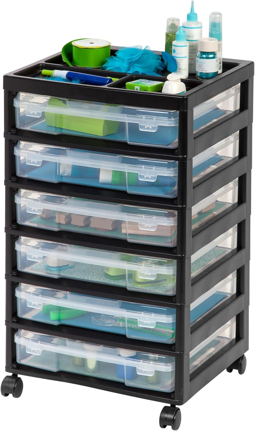 IRIS USA Fits 12" x 12" Paper, 6-Tier Scrapbook Rolling Storage Cart with Organizer for Stationery Vinyl Tools Office Art and Craft Supplies, Yarn, 6 Clear Cases w/ Built in Handle - Black/Clear