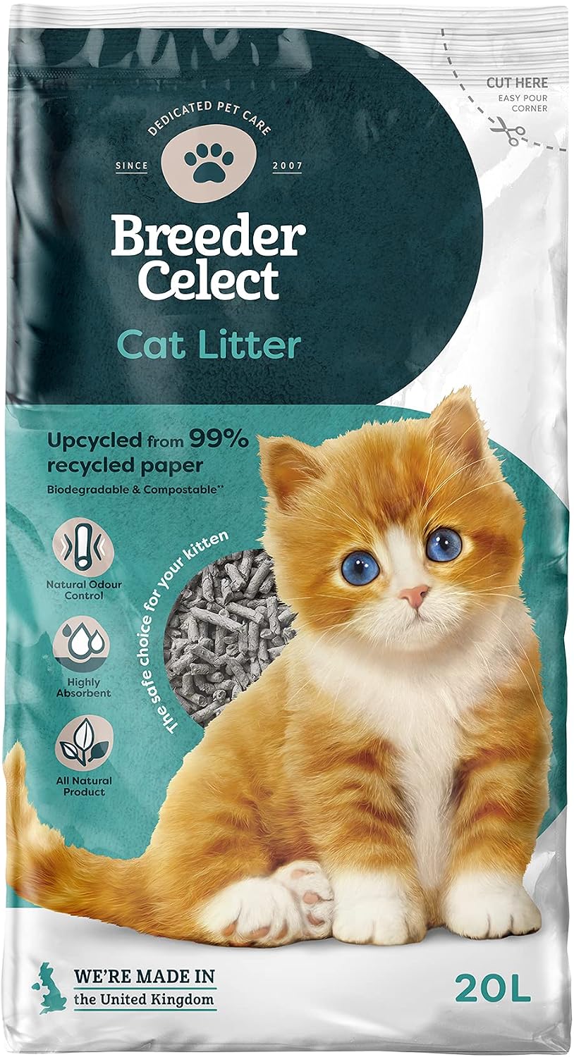 Breeder Celect Natural Cat Litter (20L) - 99 percent Recycled Paper, Absorbent Cat Litter Pellets, Optimal Odor Control, Non-Clumping, Biodegradable & Compostable - Made in UK