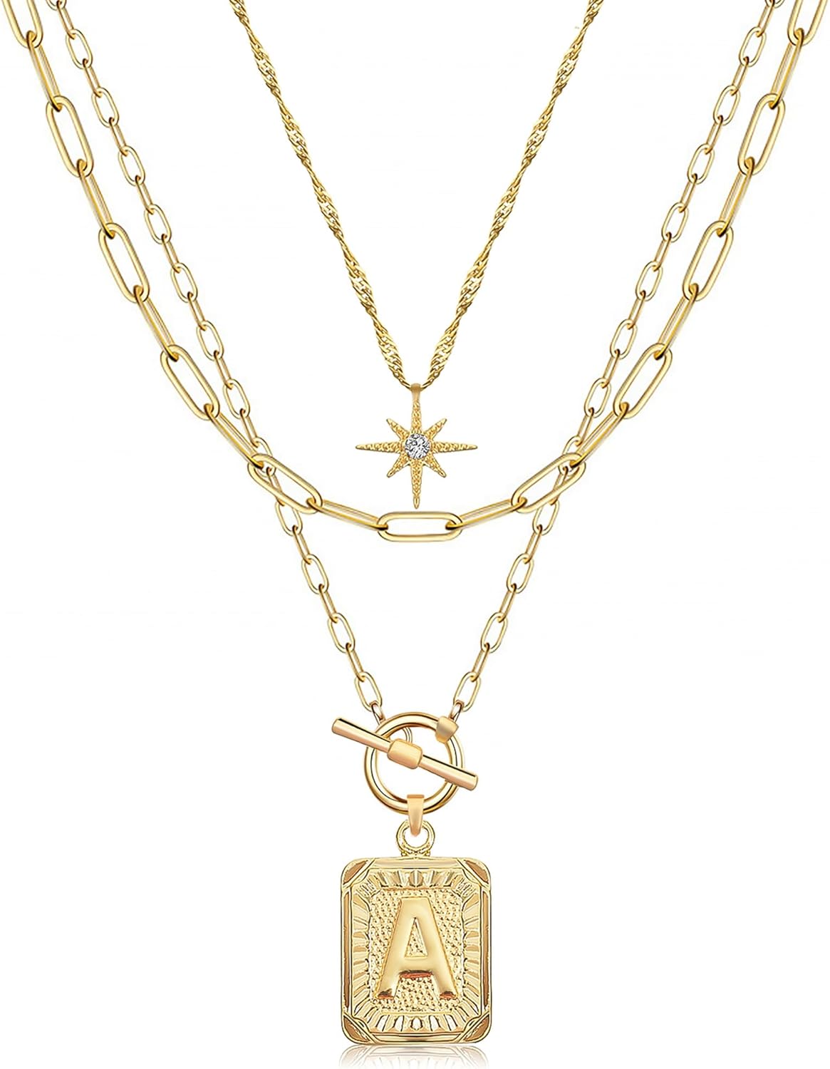 MJartoria Layered Initial Necklaces for Women Trendy, 14K Gold Plated Brass Simple Star Choker Square Letter Pendant Necklace, Paperclip Chain Necklaces Jewelry Gifts