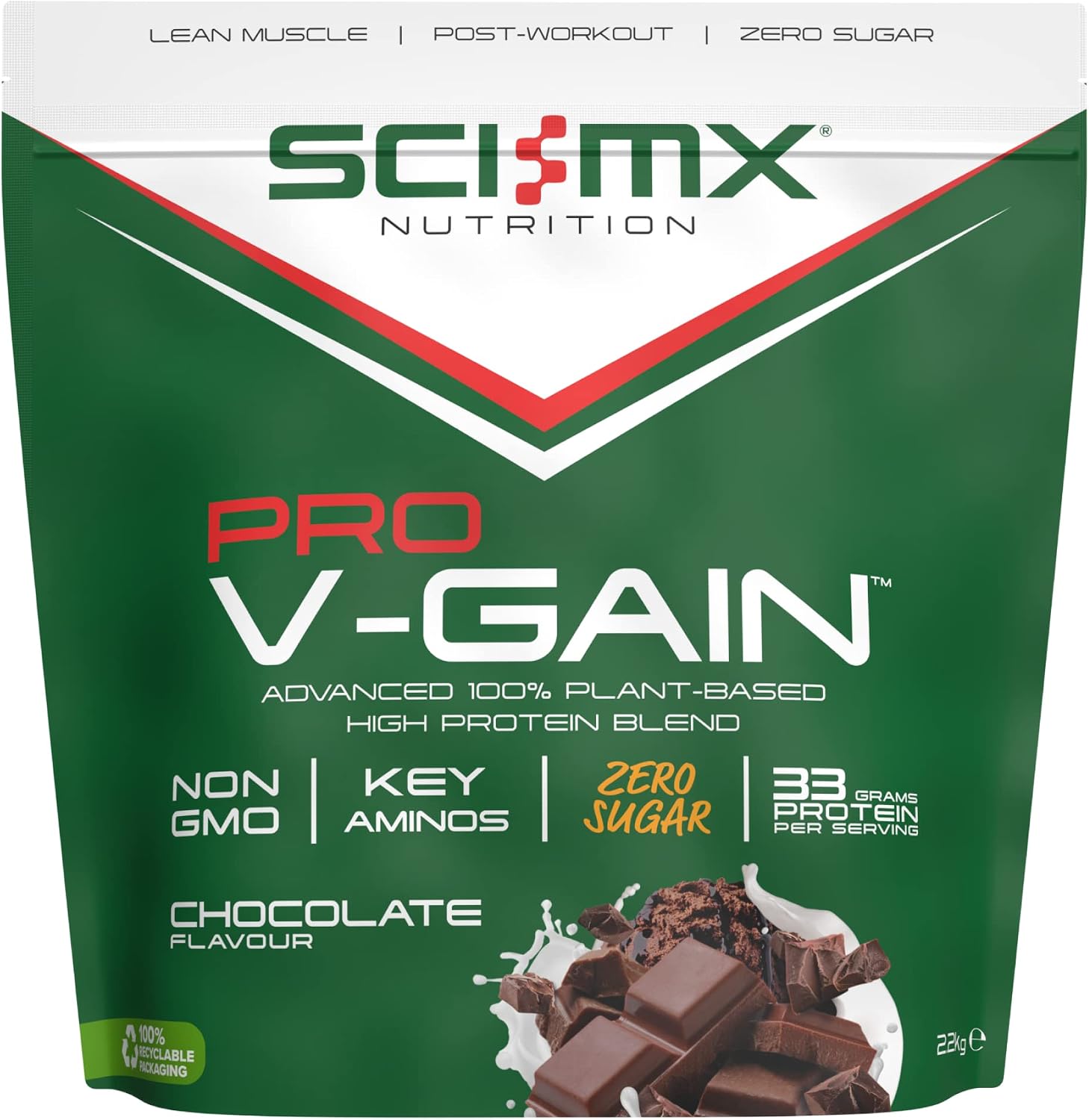 SCI-MX Pro-V Gain - 100% Vegan Chocolate Flavour Soy Protein Powder Isolate + B12 + Magnesium - Muscle Growth & Maintenance - Sugar Free, Non-GMO - 2.2KG (49 servings) 33g of protein per serving