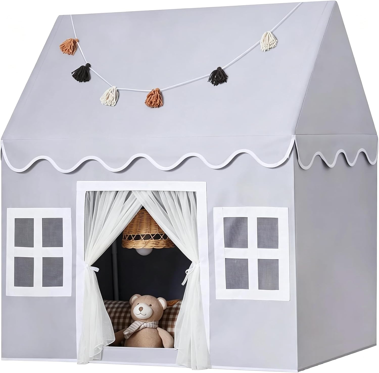 Kids Play Tent Indoor: Mat, Tassel Garland - Gray Girl Tent Playhouse for Boys Kids Toys for Boy Girl Birthday Gift