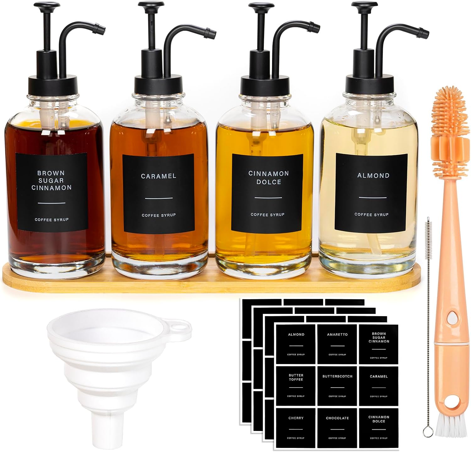 Coffee Syrup Dispenser, 500ml/16.9 oz Glass Syrup Bottle, 4 Pcs Syrup Pump Dispenser with Pump, Contains 36 Labels and Bottle Brush, Funnel, Tray (Black)