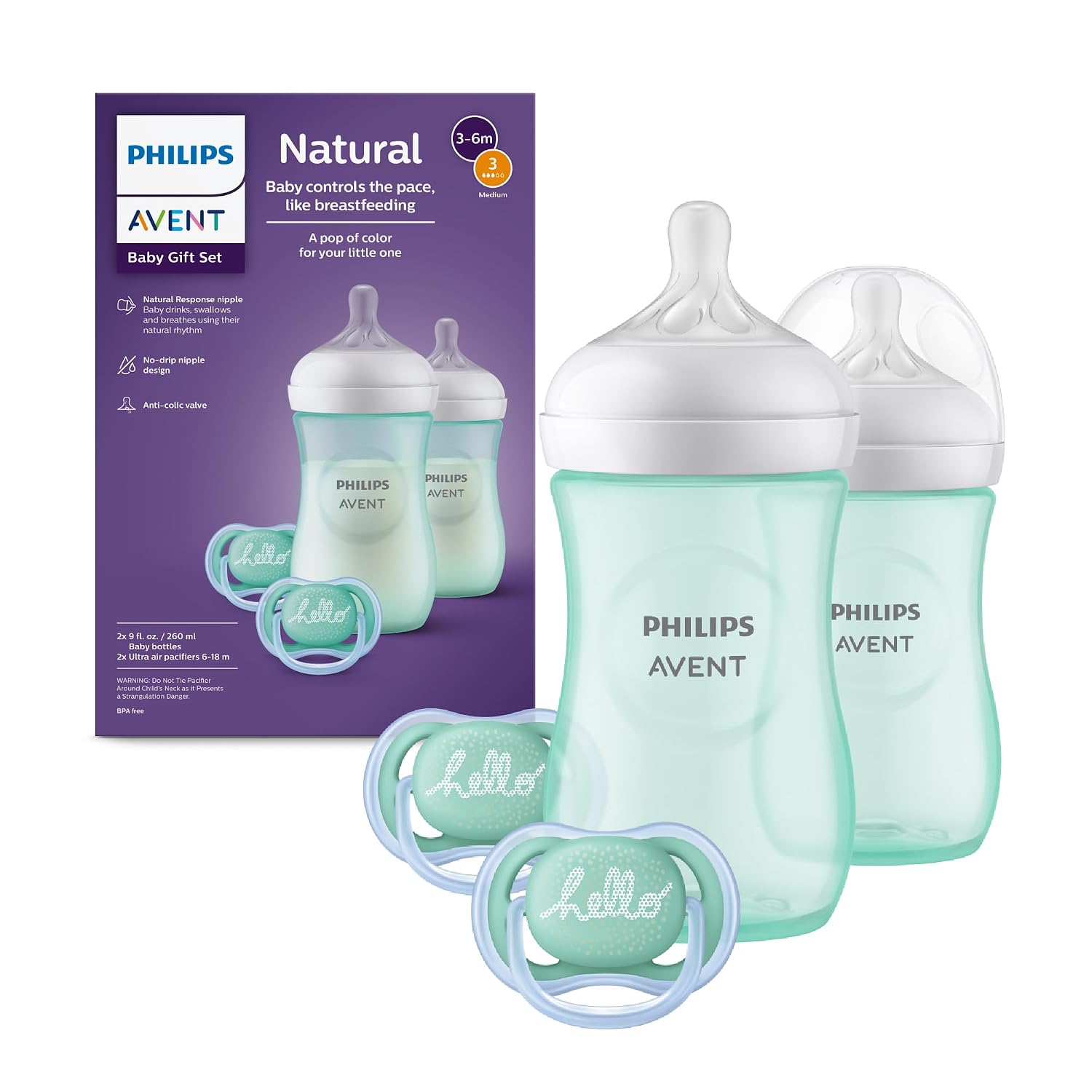 Philips Avent Natural Baby Bottle Gift Set, Teal, BPA-Free, 9 oz, 2-Pack | Baby-Controlled Flow, No-Drip Design, Reduces Colic and Gas with Anti-Colic Valve, Teal, 2 Ultra Air Pacifiers, SCD837/02