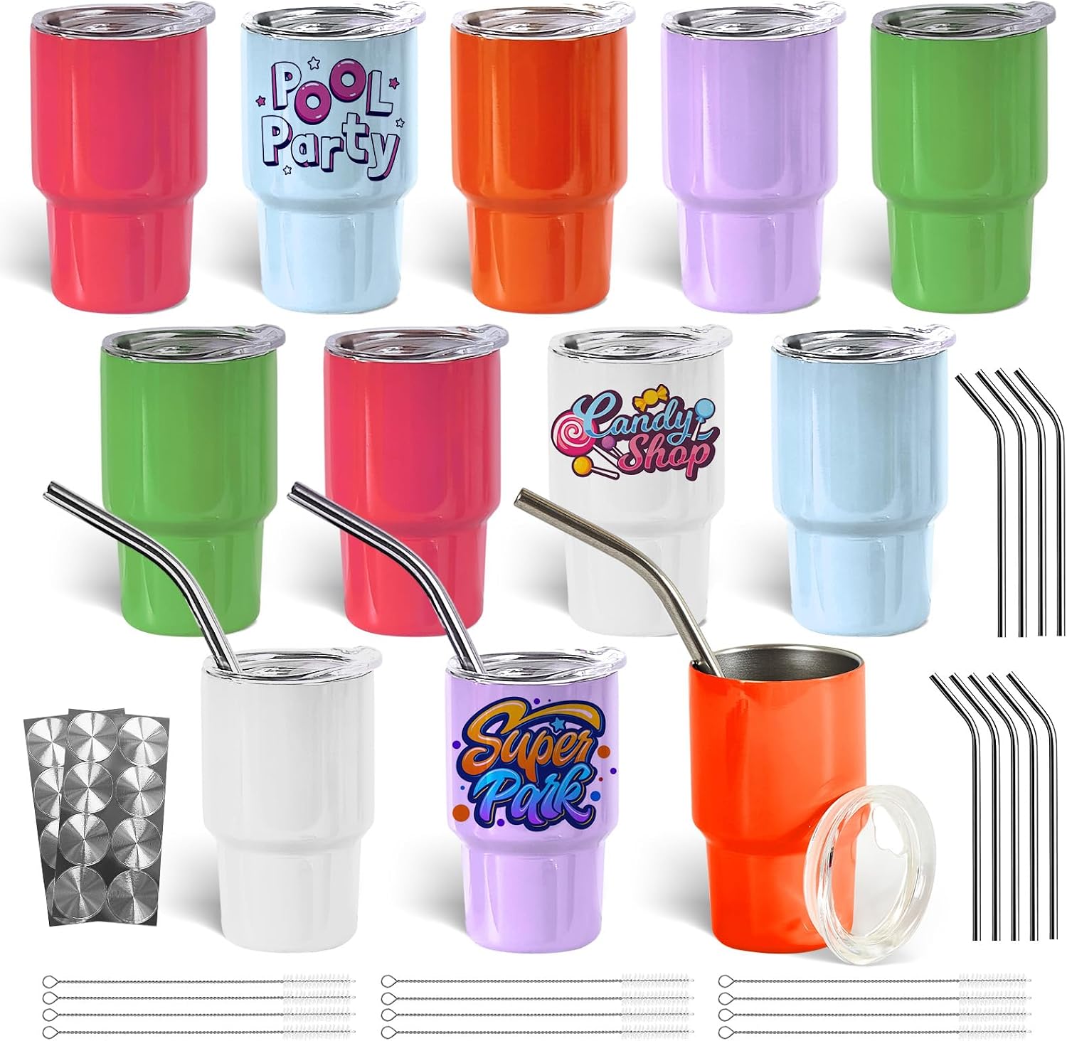 ColorSub 3 oz Sublimation Shot Glasses Wine Tumblers, Stainless Steel Double Wall Mini Insulated Sublimation Mix Color Cups Set with Lid, Metal Straw, Brush 12 Pack