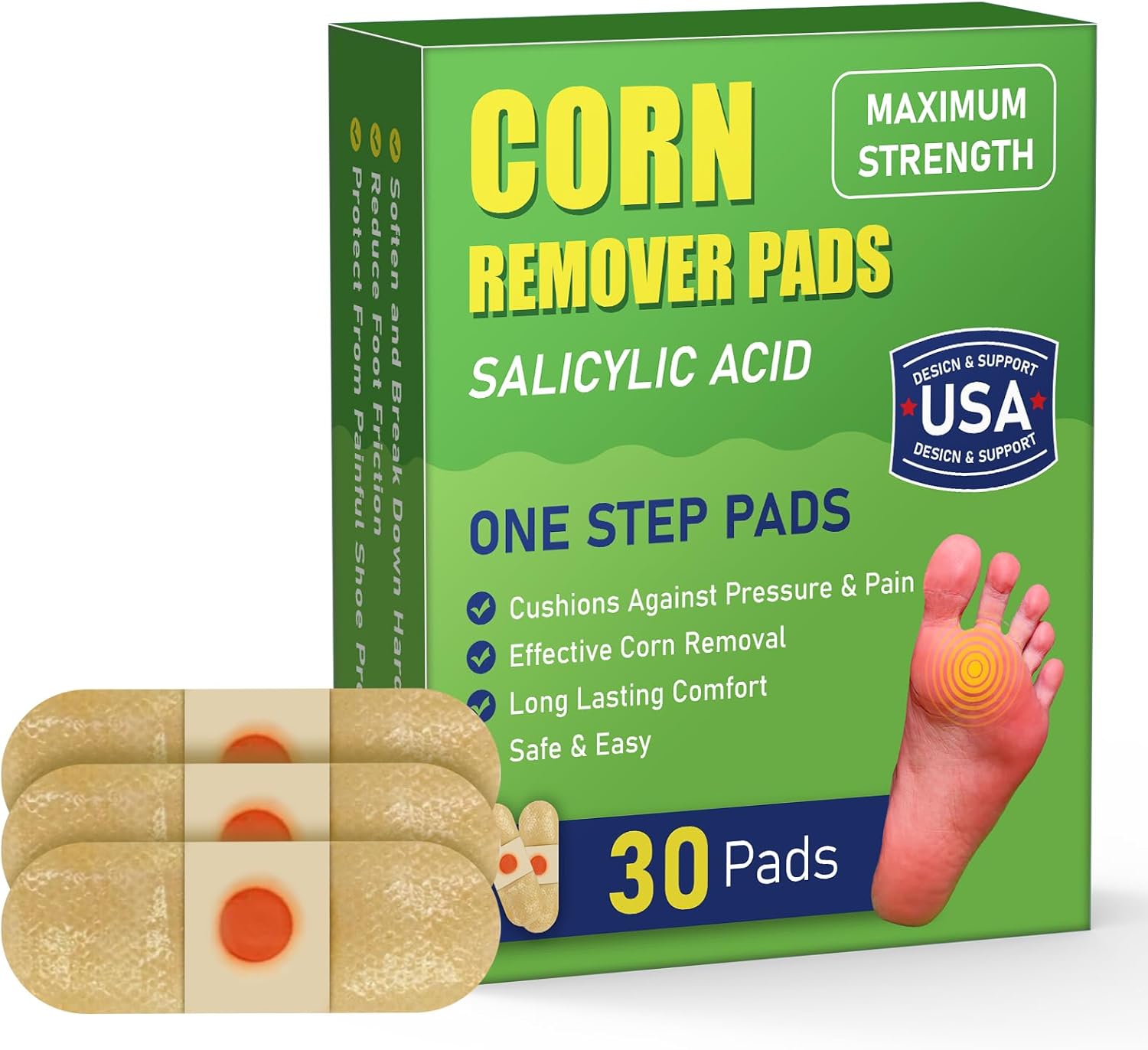WABRINY Maximum Strength Corn Removers Pads for Feet and Toes, at Home Fast Effective Foot Corn Removal Bandages for Kids Adults, All-Day Pain Relief, 30 Pack-6VH