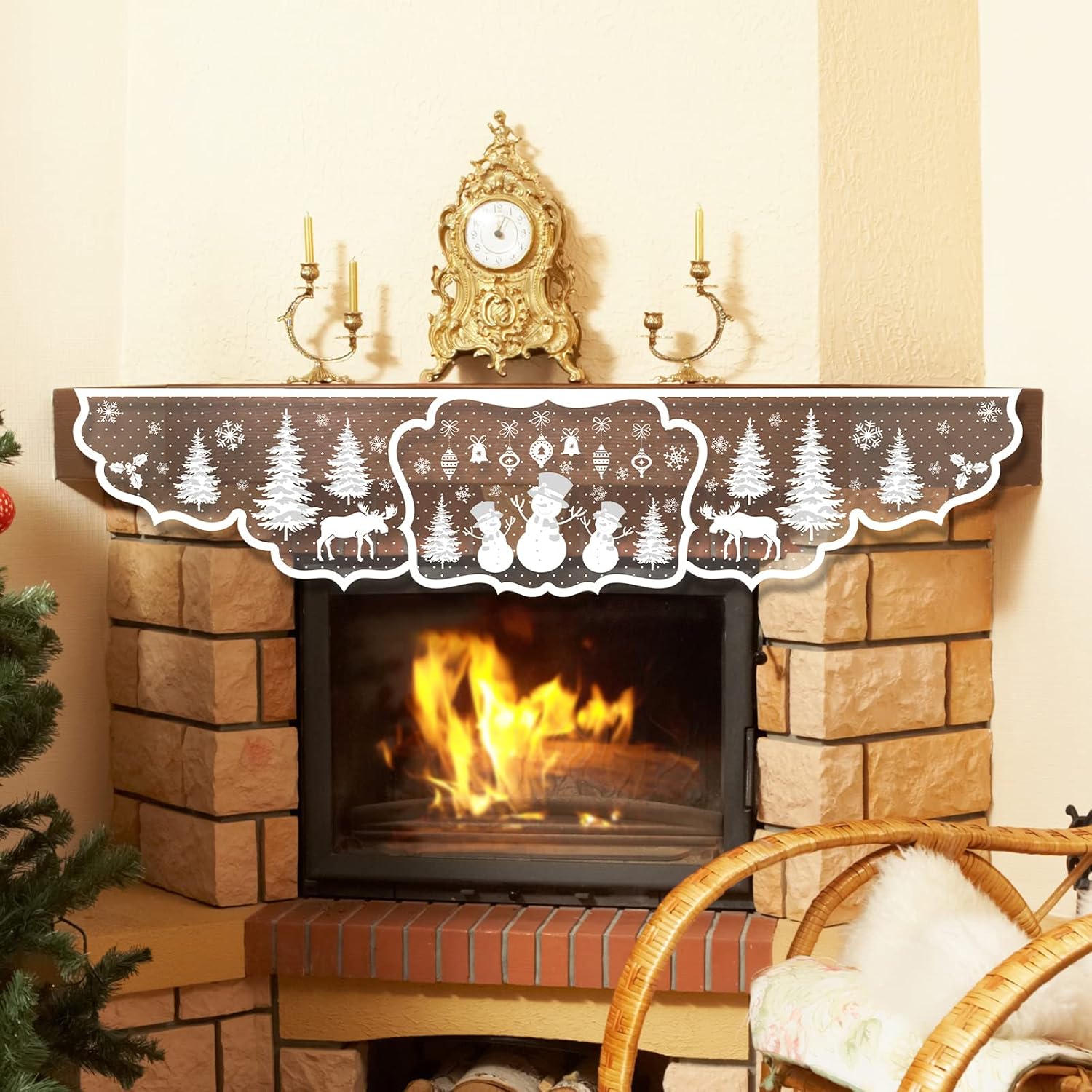 Christmas Fireplace Scarf 20 x 90 Inch Fireplace Cloth White Snowman Christmas Tree Decoration Lace Mantel Cover Runner for Holiday Home Living Room Decor