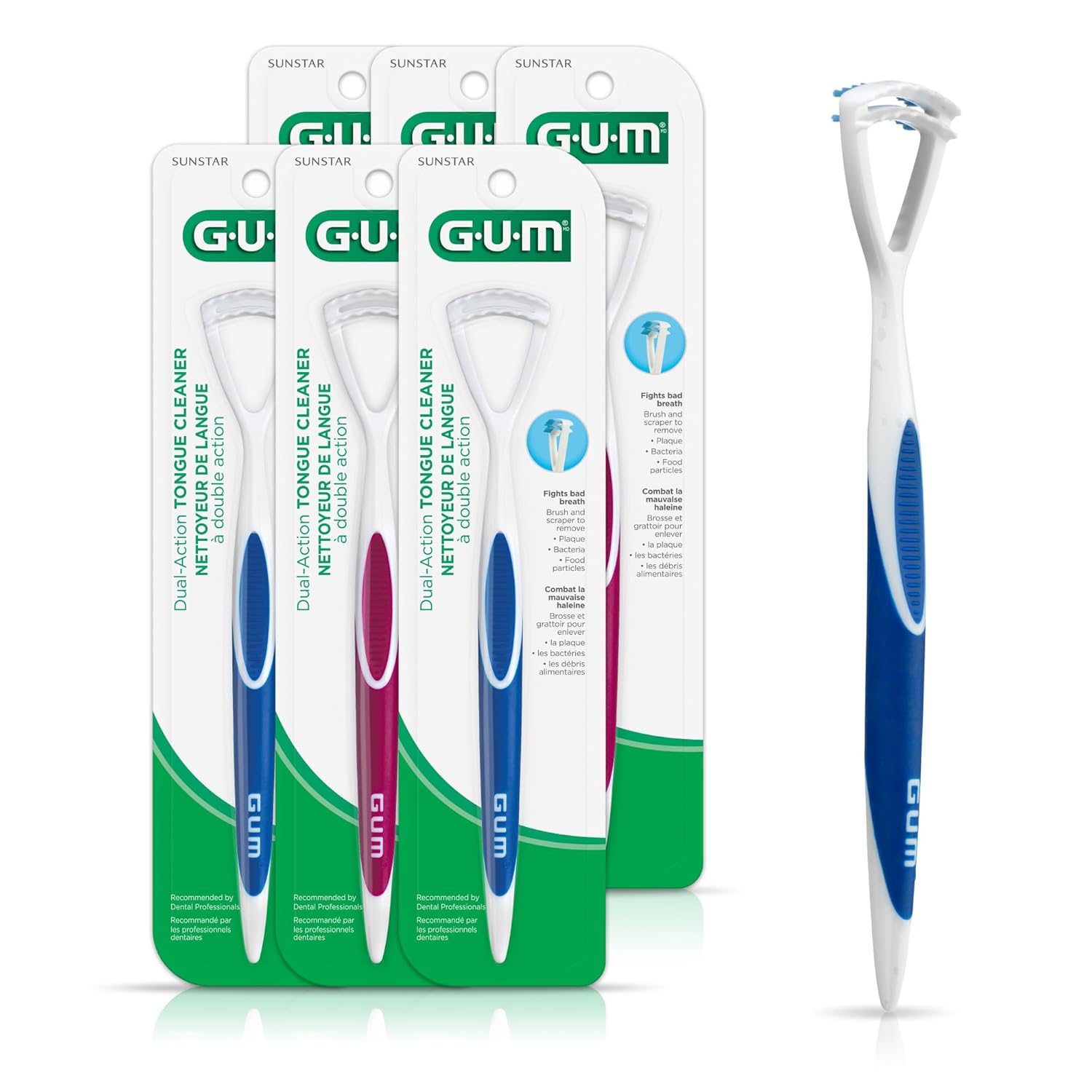 GUM - 10070942302316 Dual Action Tongue Cleaner Brush and Scraper (Colors May Vary) (Pack of 6)