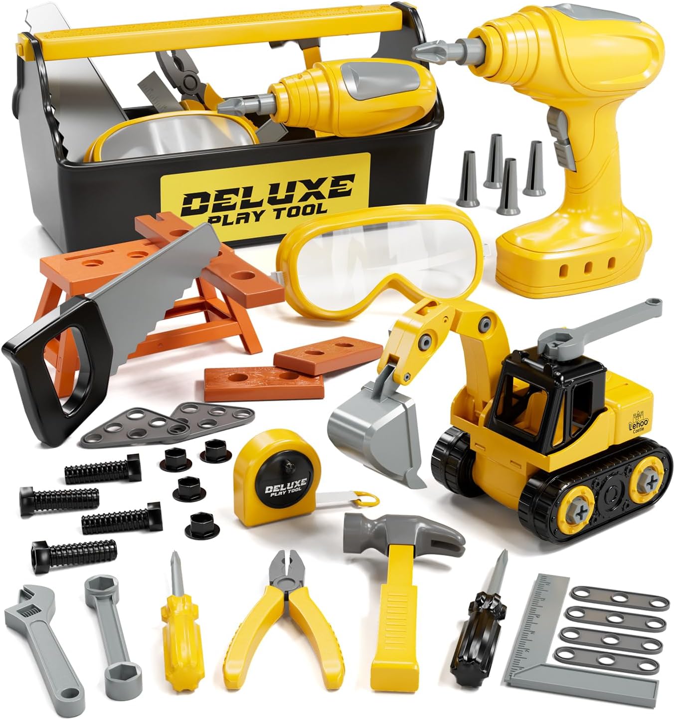 Lehoo Castle Kids Tool Set with Electric Toy Drill and Tool Box, Construction Toys for 3 Year Old Boys Birthday Gift, Pretend Play Toddler Tools for 3-5 Years Old