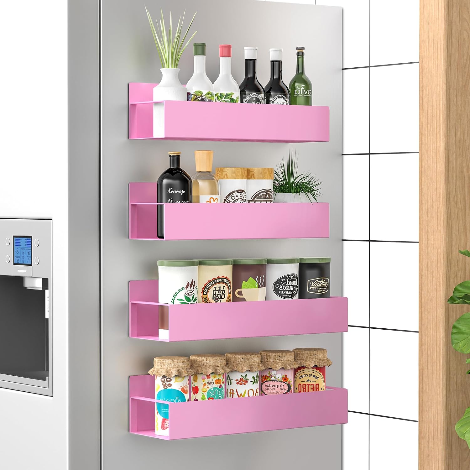 4 Pack Magnetic Spice Storage Rack Organizer for Refrigerator and Oven, Pink Fridge Organizers and Storage