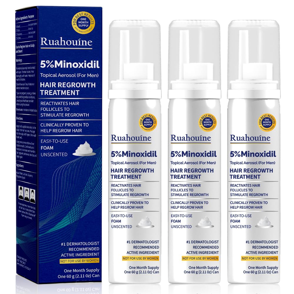 5% Minoxidil Foam for Hair Regrowth, Topical Hair Loss Treatment for Men to Regrow Fuller, Thicker Hair, Rosemary Minoxidil Topical Aerosol, 3-Month Supply, 3 x 2.11 oz