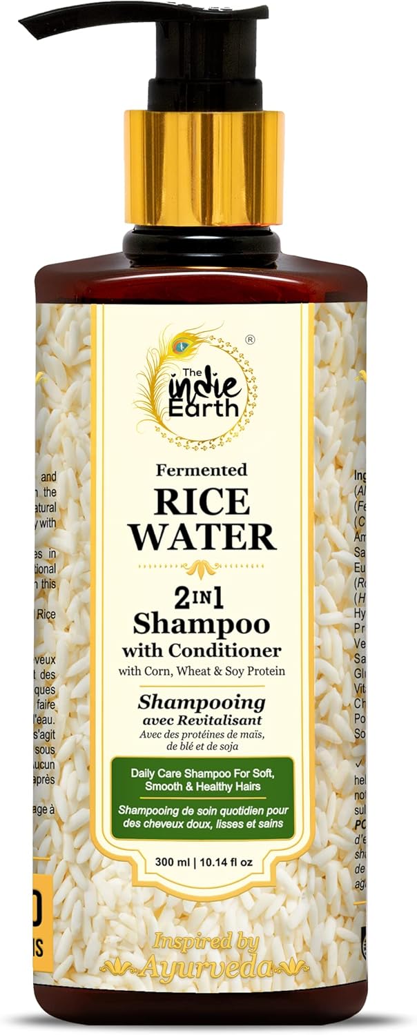 The Indie Earth 2-IN-1 Fermented Rice Water Shampoo with Conditioner with Corn, Wheat and Soy Protein – NO ADDITIONAL CONDITIONER REQUIRED Daily Care Shampoo For Soft, Smooth & Healthy Hairs 300ml