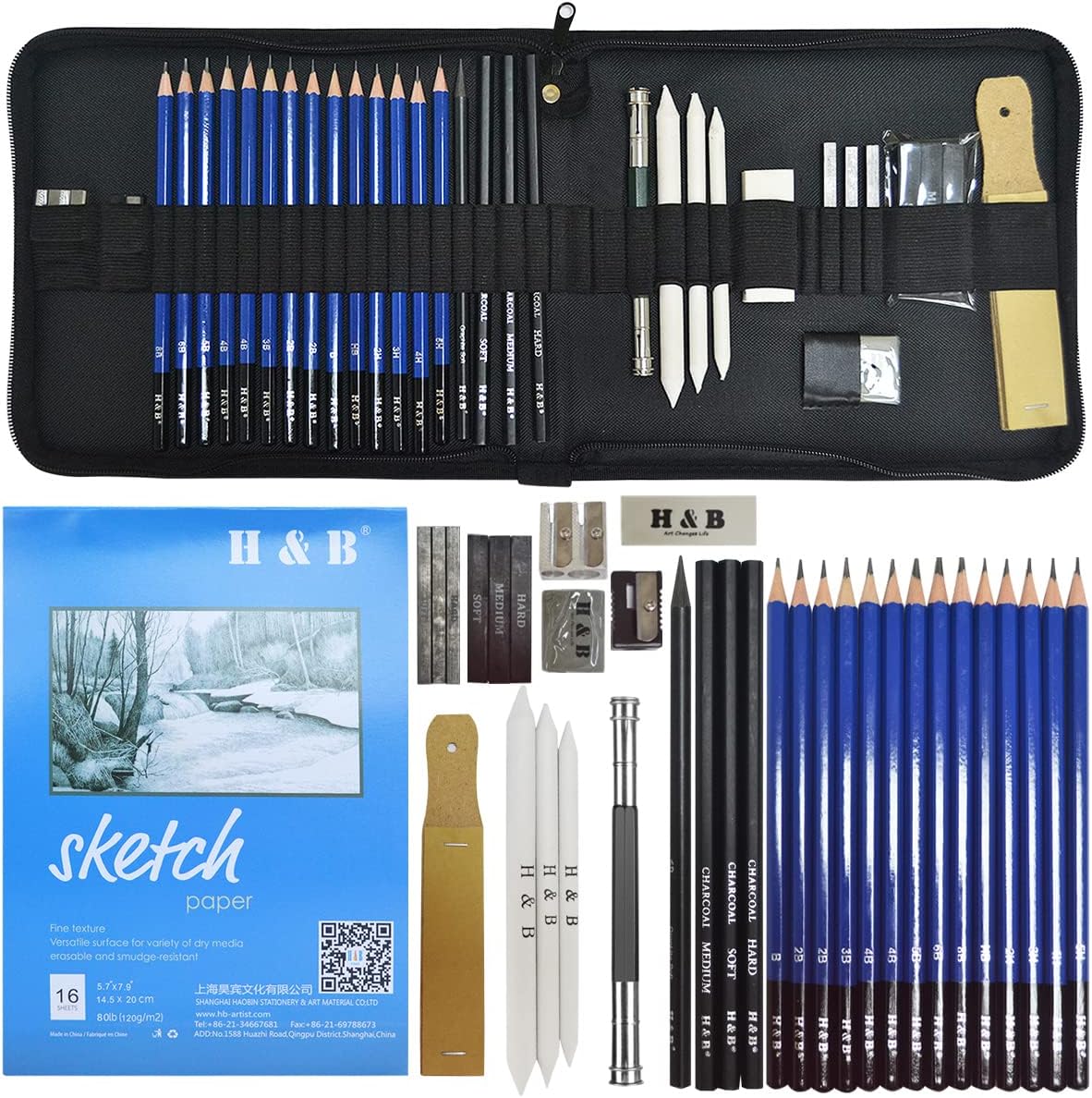 lunaoo Drawing Pencil Artist Drawing Material Kit, Art Supplies with Sketching Graphite Pencils & Charcoal Pencils for Kids, Adults Professional, 36 Pieces