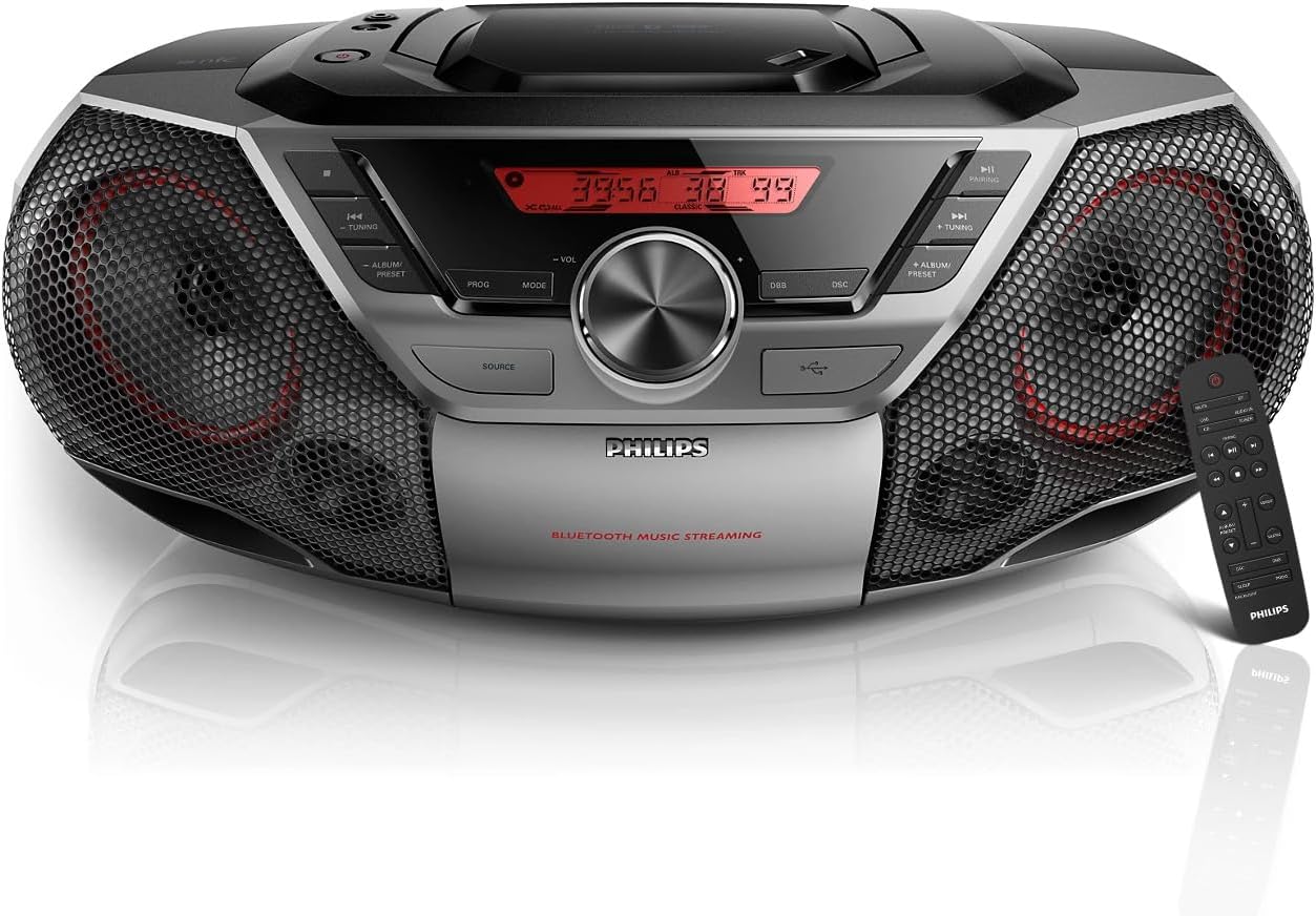 Philips Portable Boombox CD Player Bluetooth FM Radio MP3 Mega Bass Reflex Stereo Sound System with NFC, 12W, USB Input, Headphone Jack, and LCD Display