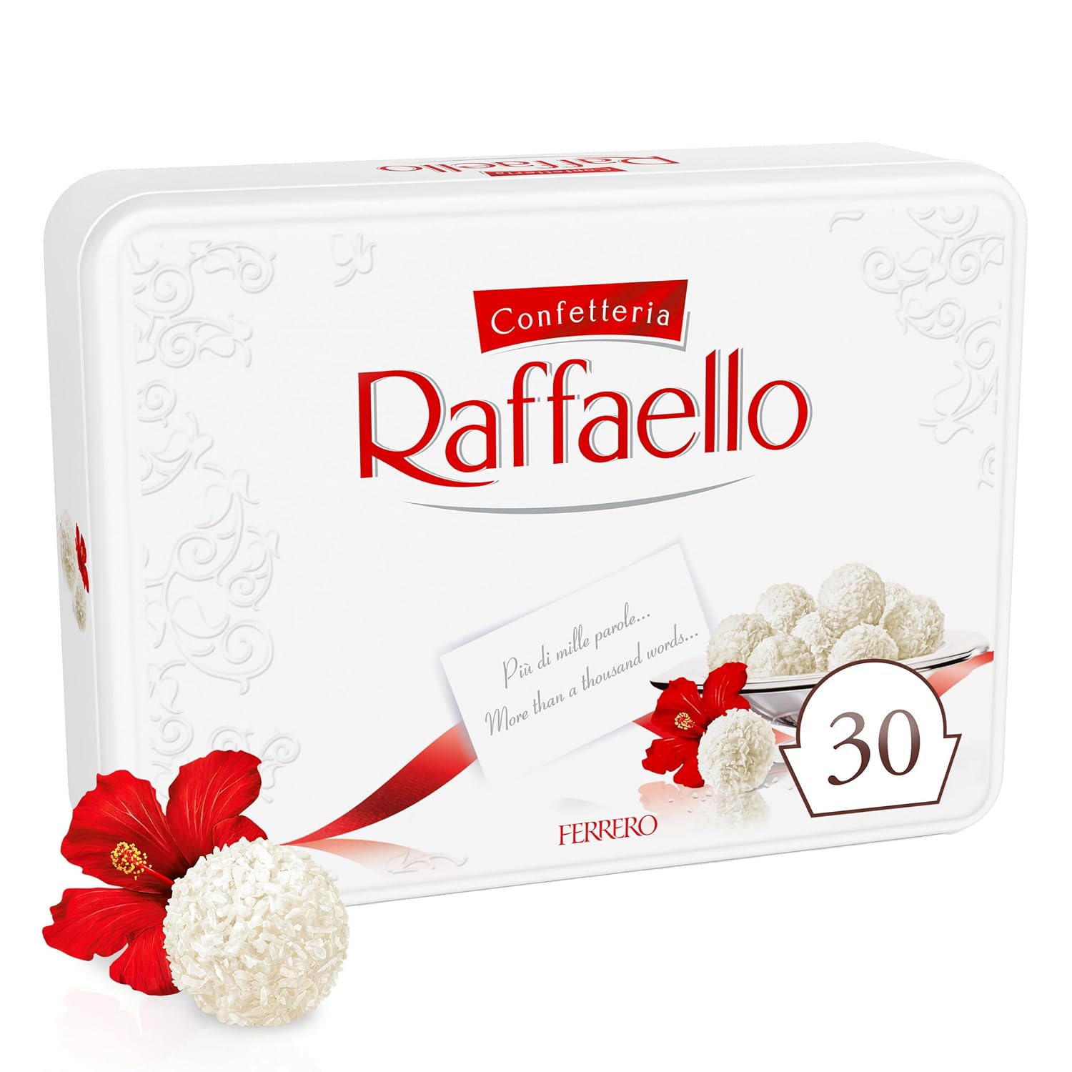 Raffaello Coconut Almond Pralines in Metal Tin Box 30 Individually Wrapped Treats, Perfect for Gifting, 10.6 oz