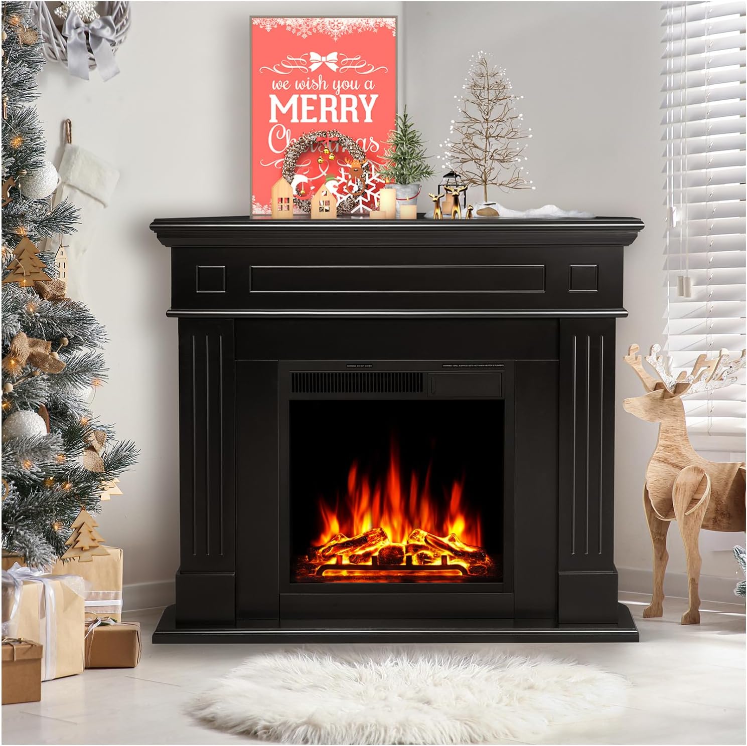 44" Corner Electric Fireplace with Mantel Package Freestanding Fireplace Heater Corner Firebox with Log & Remote Control,750-1500W,Black