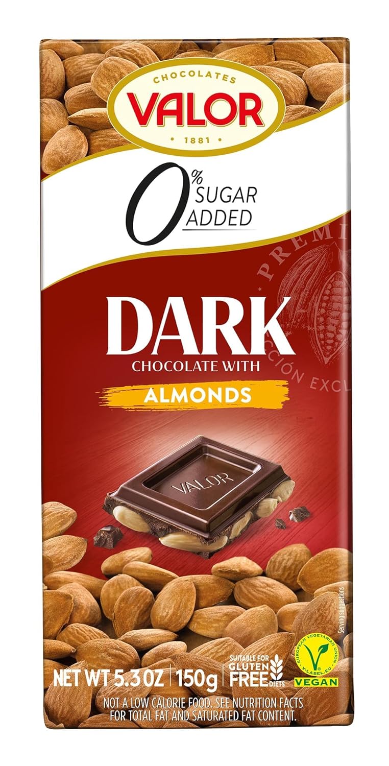 Valor. Dark Chocolate with Mediterranean Almonds. No sugar added. 150g (5.29oz). Pack of 5.
