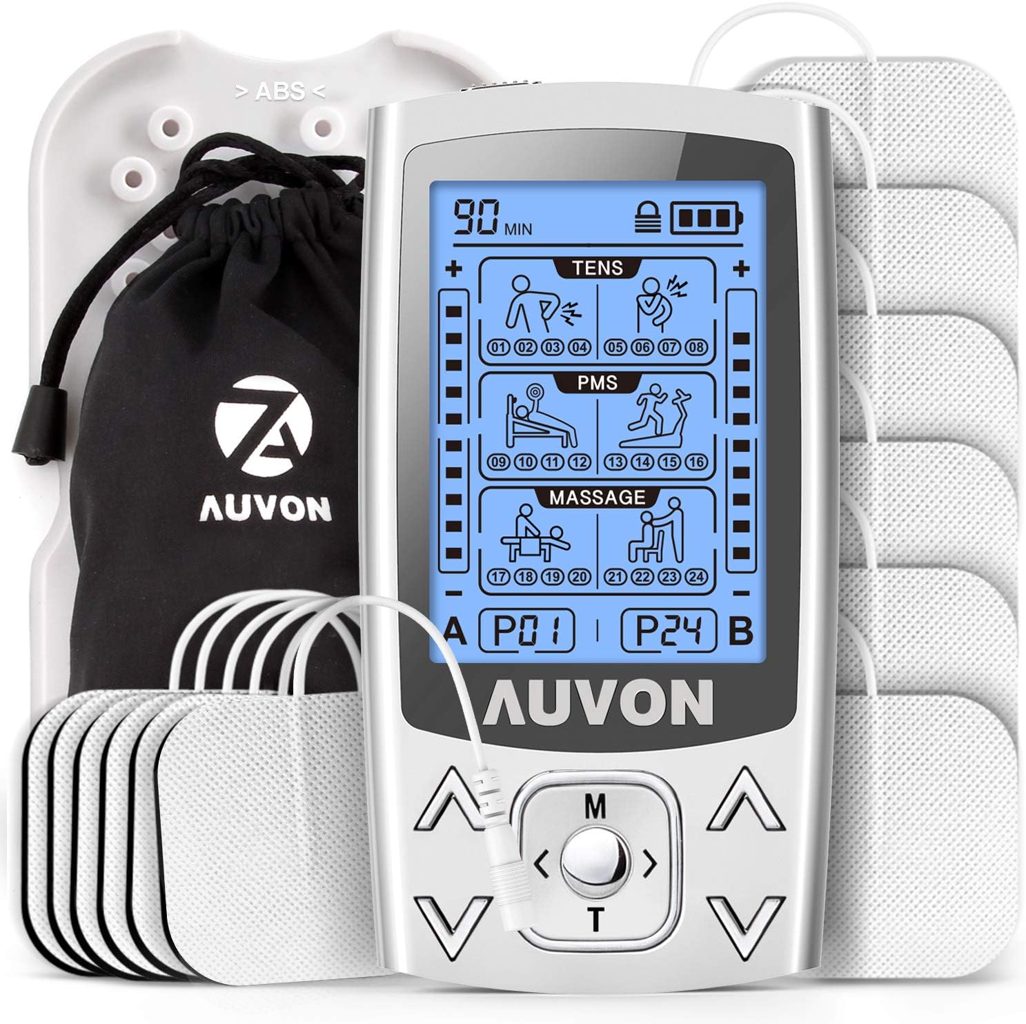 AUVON Dual Channel TENS EMS Machine for Pain Relief, 24 Modes TENS Unit Muscle Stimulator with 12pcs 2"x2" TENS Electrode Pads
