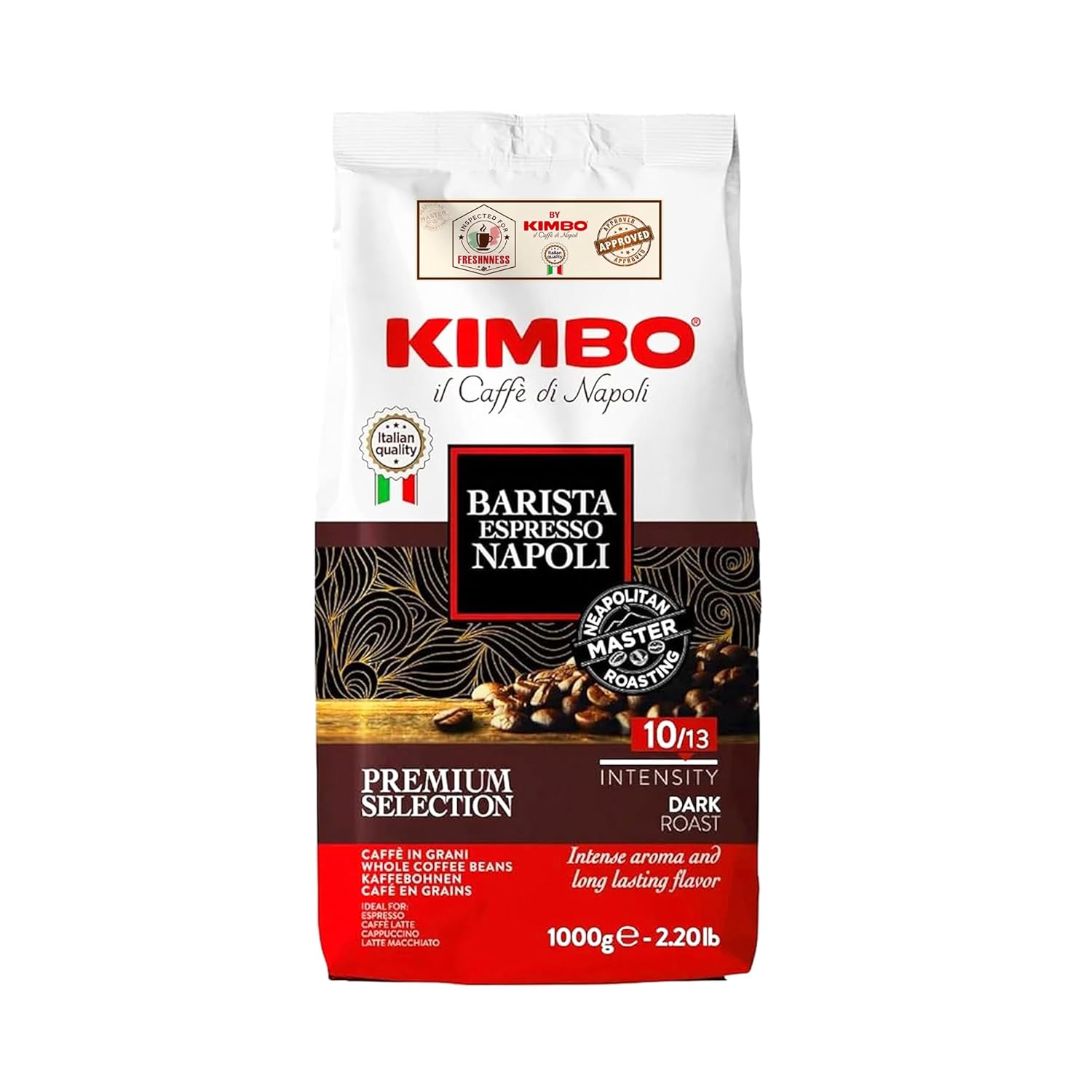 Kimbo Coffee Whole Bean, Napoli Espresso, 100% Acrabica Coffee, Dark Roast, Intensity 10/13, 2.2lb (35.2oz) Bag