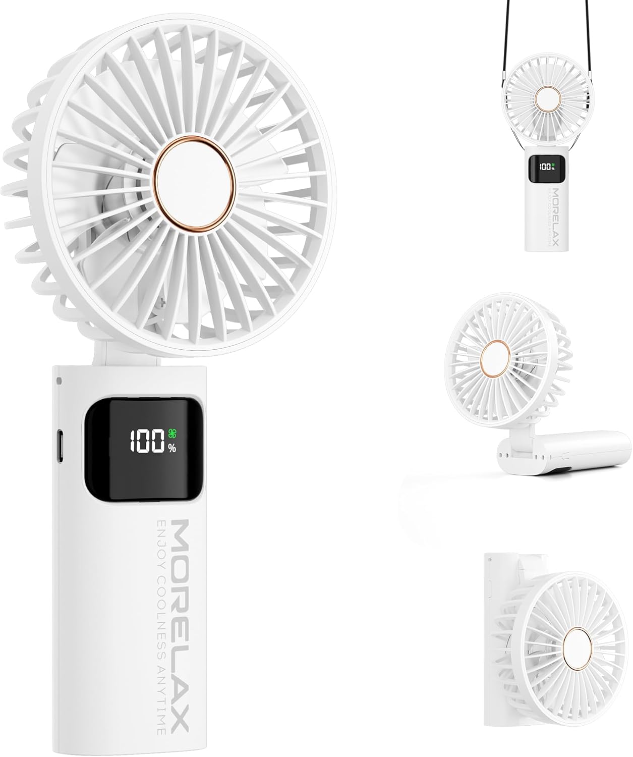 Portable Handheld Fan, USB Rechargeable Foldable Mini Personal Fan, 5200mAh, 180 Adjustable, 6 Speed Wind, 3 IN 1 Hand Cooling Desk Fan with LED Display for Home Office School Outdoor Travel, White