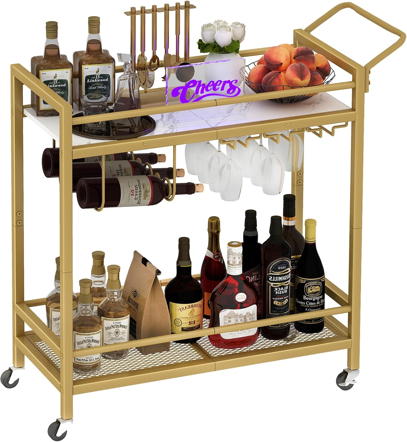 LAATOOREE Bar Cart, Two-Color Home Bar Serving Cart, Mobile Drink Beverage Cart with 2 Storage Shelves, Rolling Kitchen Cart with Wine Holder and Glass Holder, for Dinning Room, Living Room, Kitchen