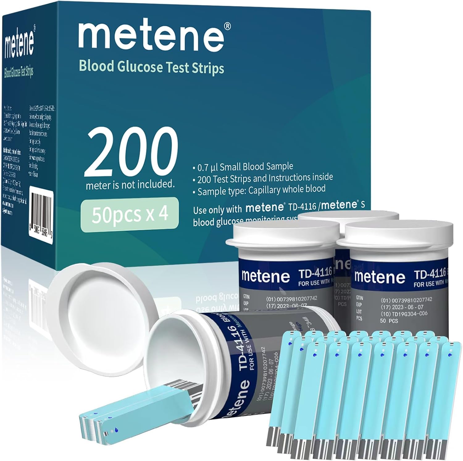 Metene TD-4116 Blood Glucose Test Strips, 200 Count, No Monitor | 200 Test Strips for Metene TD-4116 & S Meters Only, Diabetes Testing Kit Refill for Home Monitoring