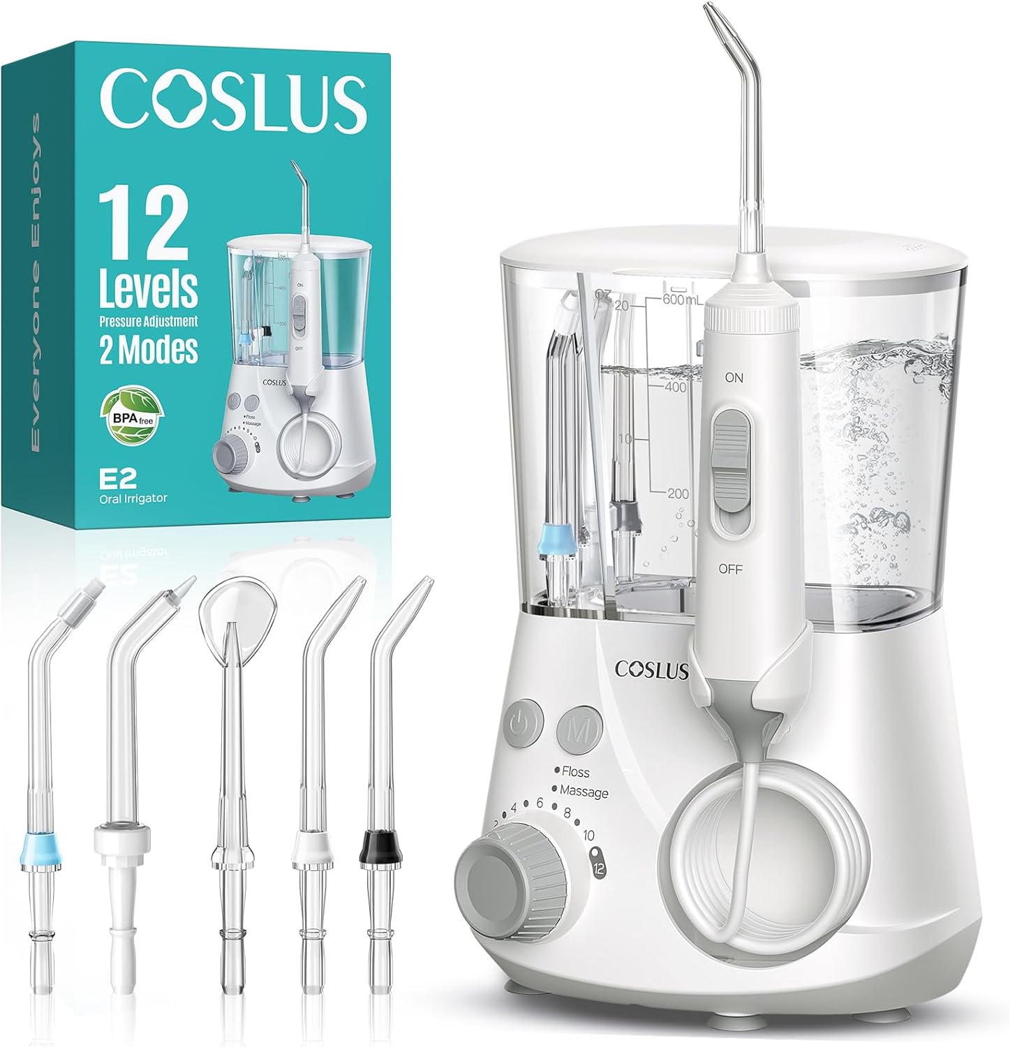 COSLUS Professional Water Flosser for Teeth: 2 Modes & 12 Pressure Settings Electric Dental Pick for Orthodontic, Braces, Sensitive Gums - Home Use, ​​5 Jet Tips for Multiple Users, Family, White, E2
