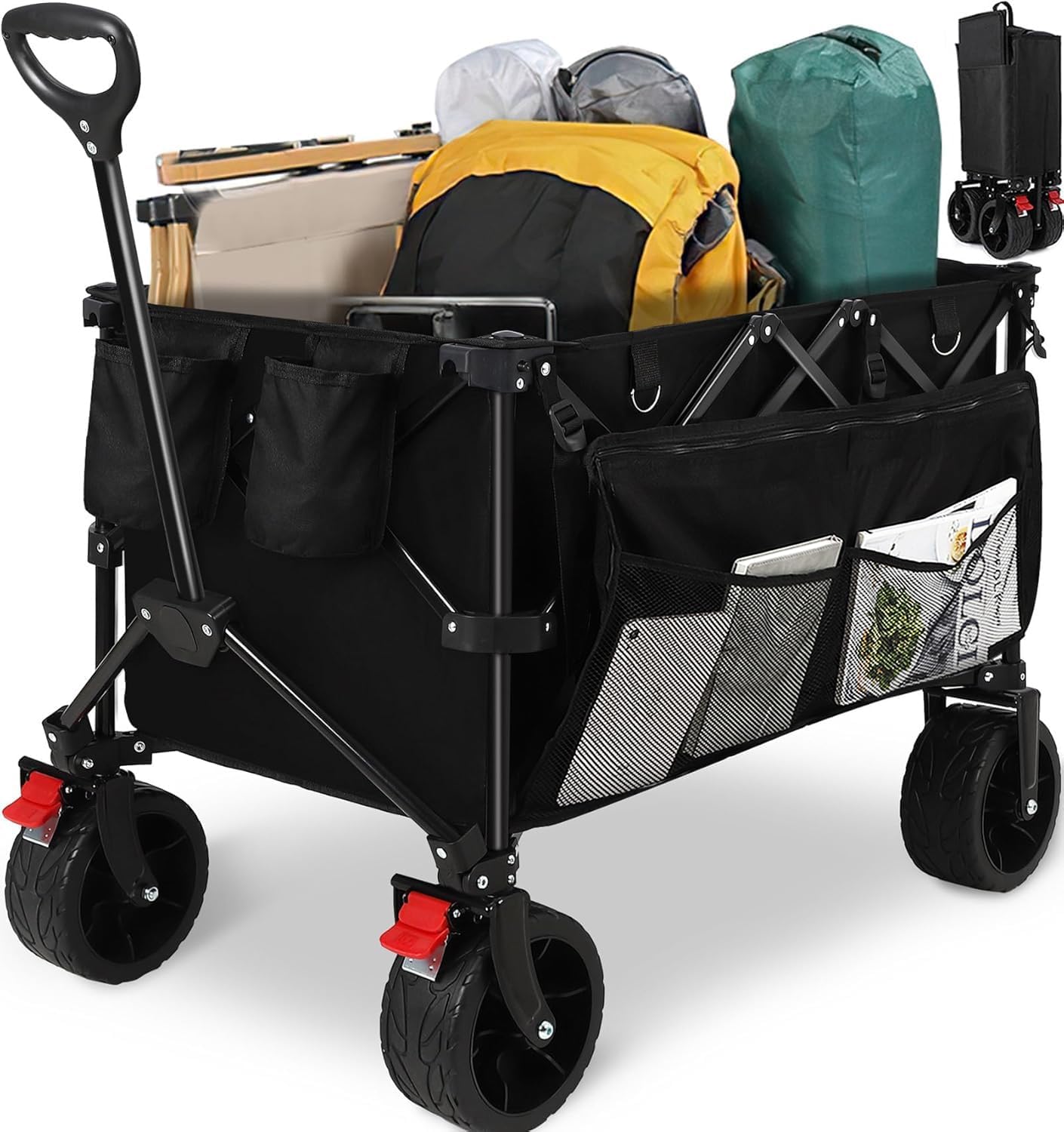 Aptliton Festival Trolley, 200L Folding Trolley Cart, 150kg Heavy Duty Pull Along Wagon with Solid Wheel and 3 Pockets for Outdoor Camping Beach Garden Picnic and Transport, Black