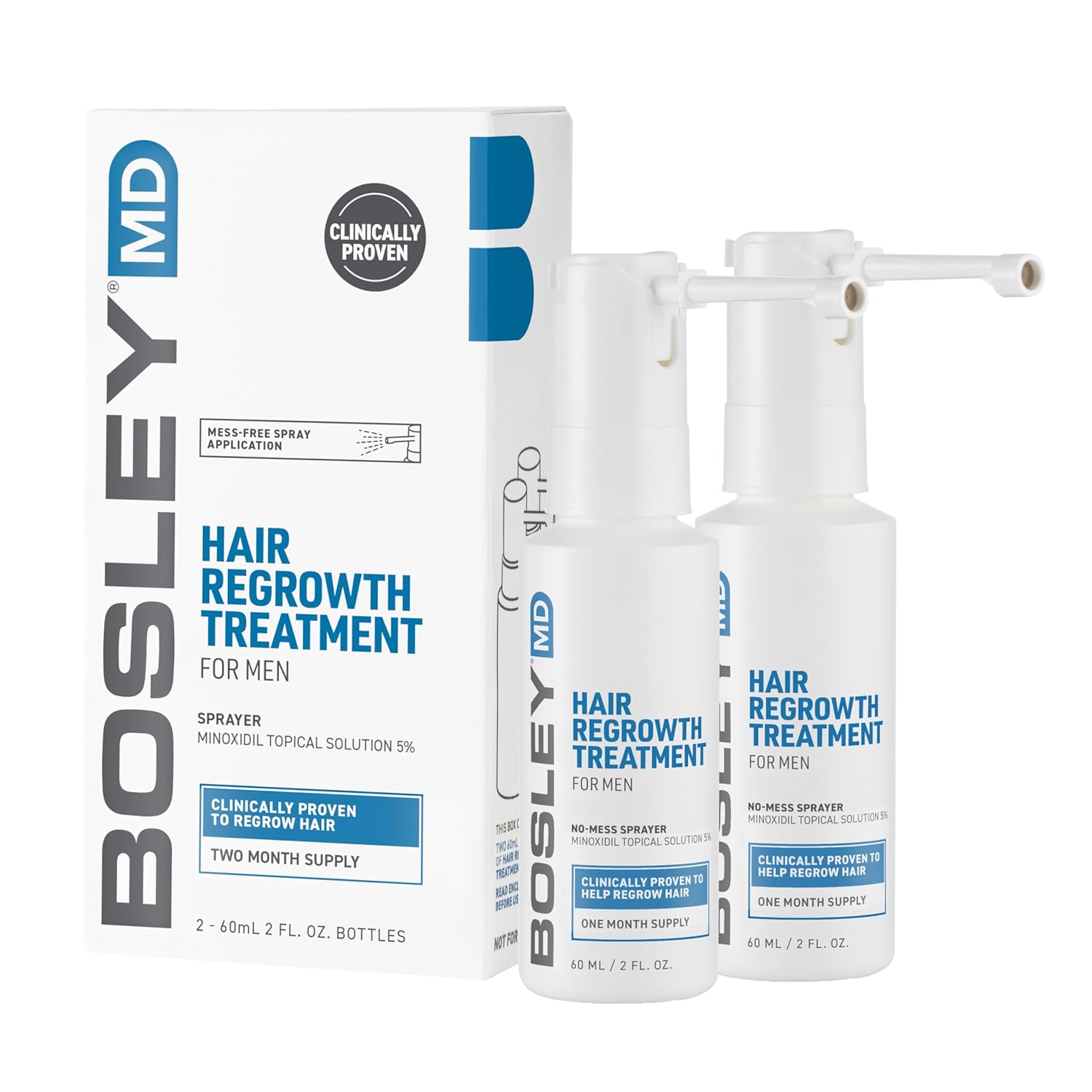 BosleyMD Minoxidil Spray, Extra Strength Thinning Treatment/Hairspray for Hair Loss and Hair Regrowth for Men and Women, Topical Solution, No Mess Sprayer, 2-Pack, 2-month Supply