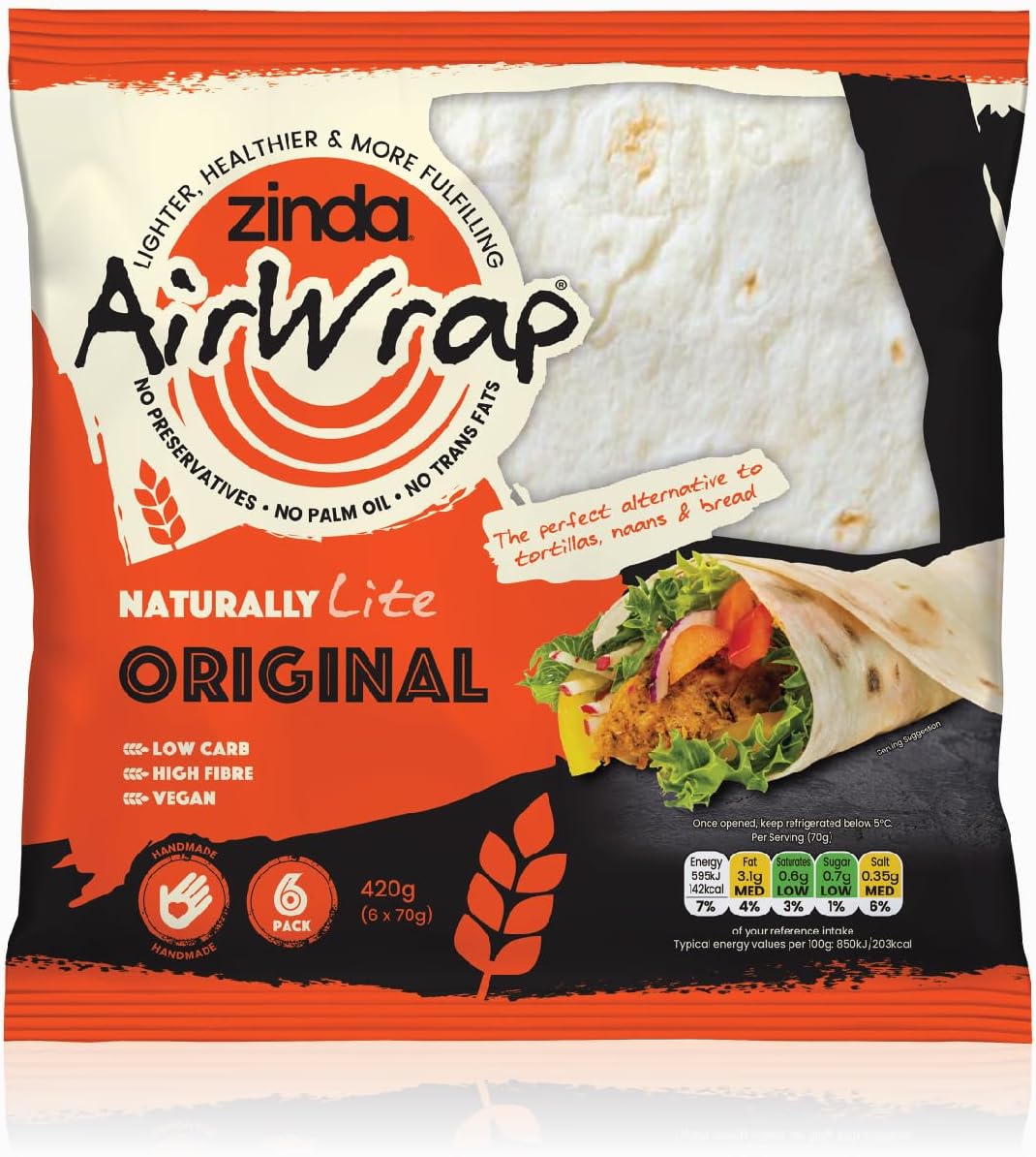 Zinda Orignal Tortilla Natural Air Wrap, 6x70g Wraps, Just 5 Ingredients, No Preservatives, No Palm Oil, No Trans Fats, Low Carb, High Fibre, Vegan Wrap.