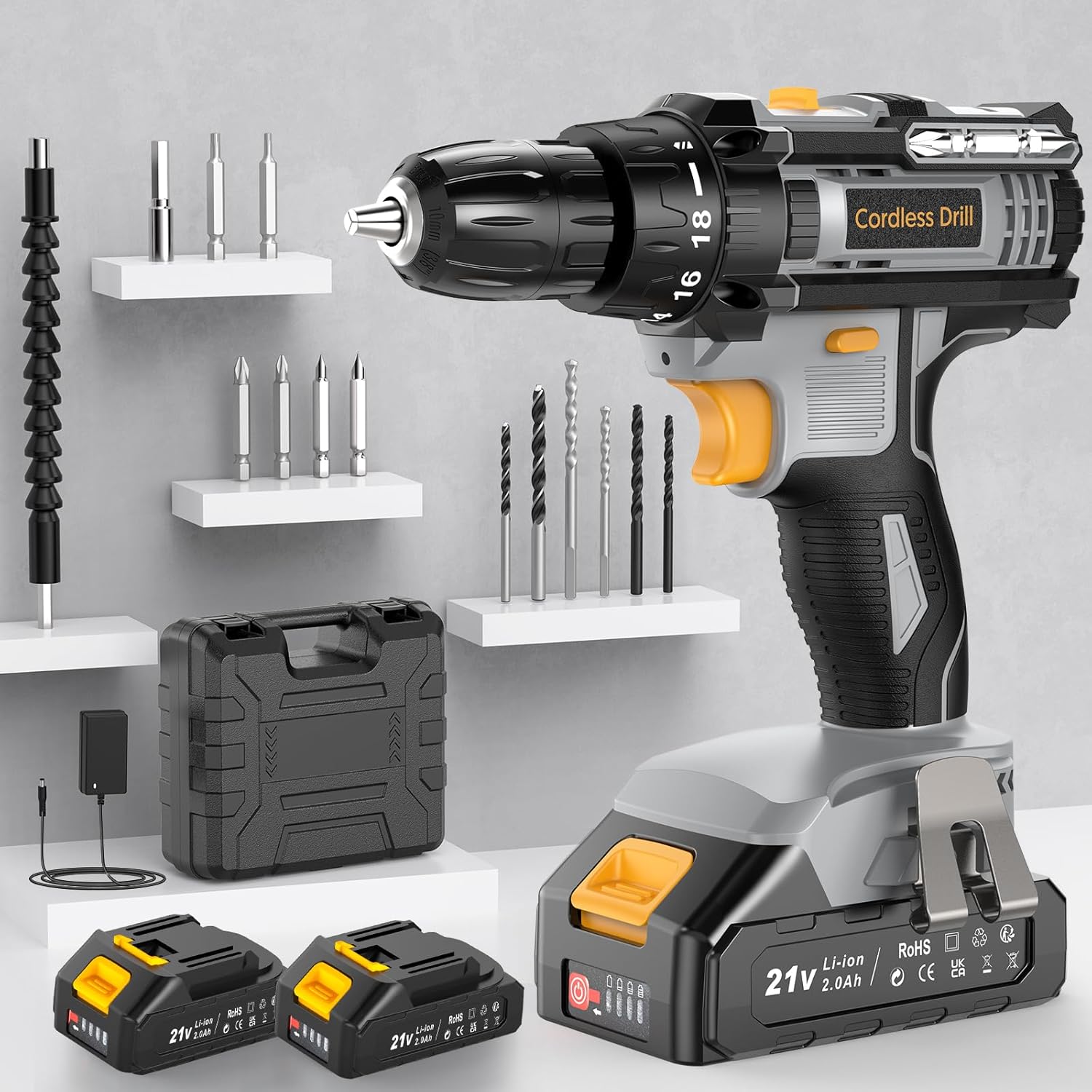 LEEIKOO Cordless Drill, Power Drill 21V, Combi Drill Set 42N.m with 2 Batteries 2.0Ah, 10mm Chuck, 2 Speeds, 18+1 Torque, LED Light, 14pcs Drill Set for Garden DIY Project, Grey
