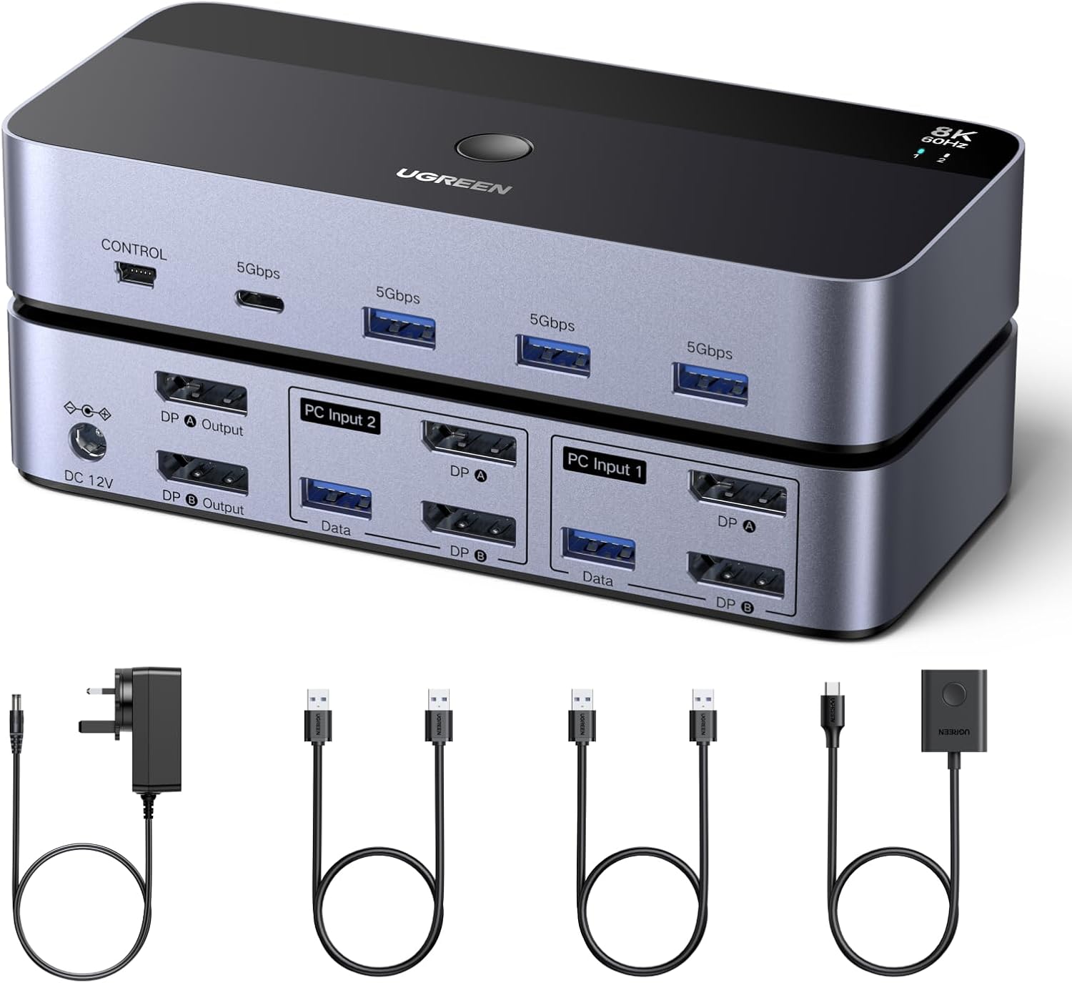 UGREEN 8K@60Hz Displayport KVM Switch 2 Monitors 2 Computers Support 4K@240Hz, 4 Port USB KVM Switcher DP 1.4 KVM Switches for 2 Computers Share Keyboard, Mouse, Hard Drive and 2 Monitors
