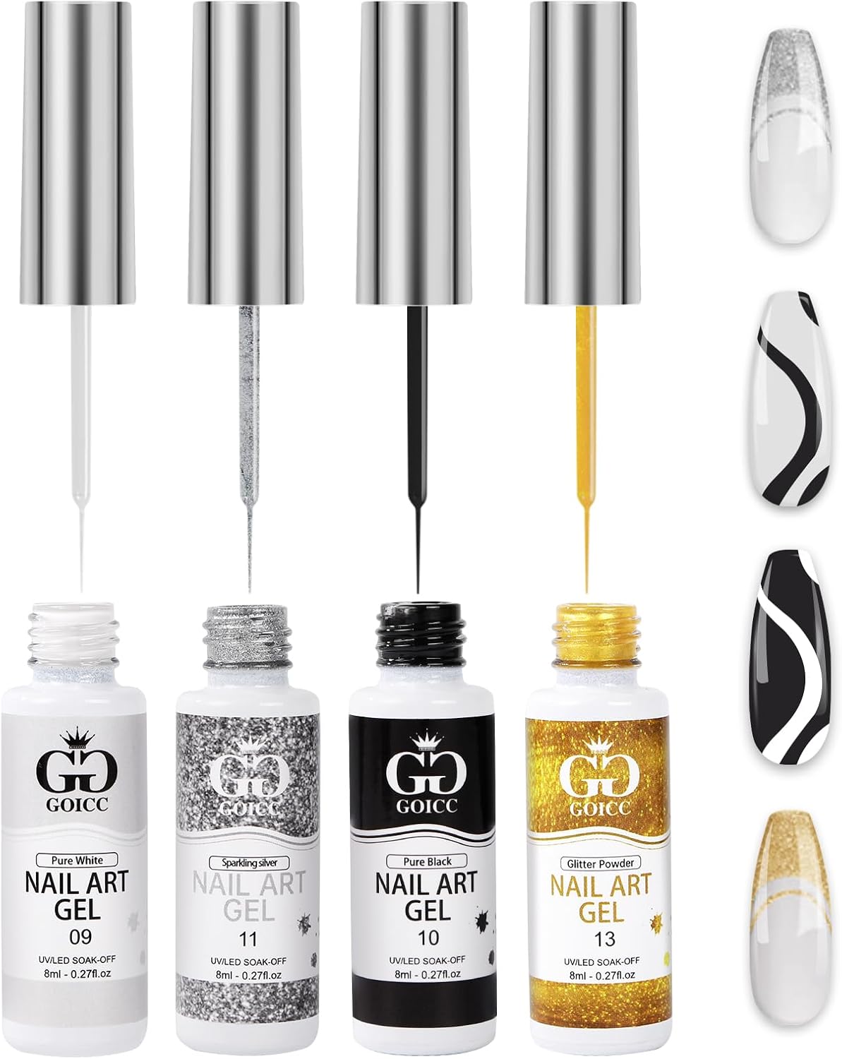 Gel Liner Nail Art Kit - 4 Colors Black White Glitter Silver Gel Polish - Soak Off & Curing Required - 8ml with Thin Nail Art Brush