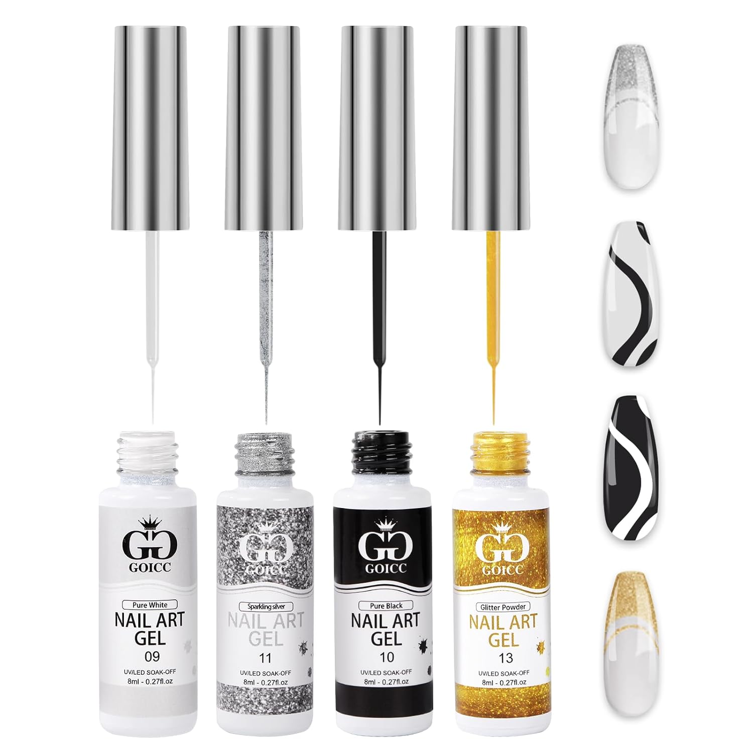 Nail Art Polish Set Gel Liner Nail Art Kit For Nail Design Polish Gel Art Paint For Nail 4 Colors Black White Gel Nail Polish Soak off Curing Requires 8ml with Thin Nail Art Brush