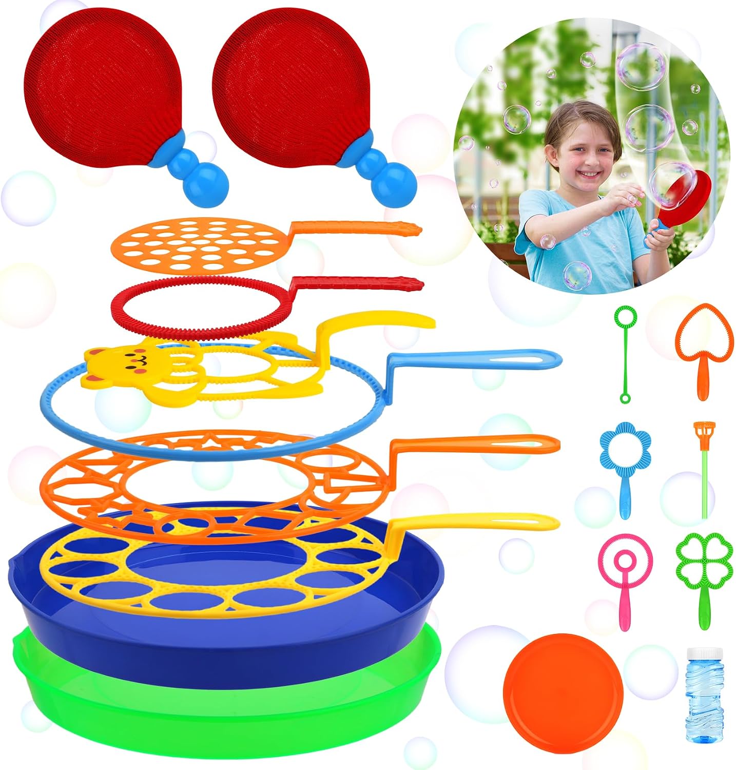 Roberly 18 PCS Big Bubble Wands Toys Set with Solution, Tray, Soft Racket, Bulk Funny Bubbles Making Toys for Kids Summer Outdoor Activities Game Birthday Party Favors
