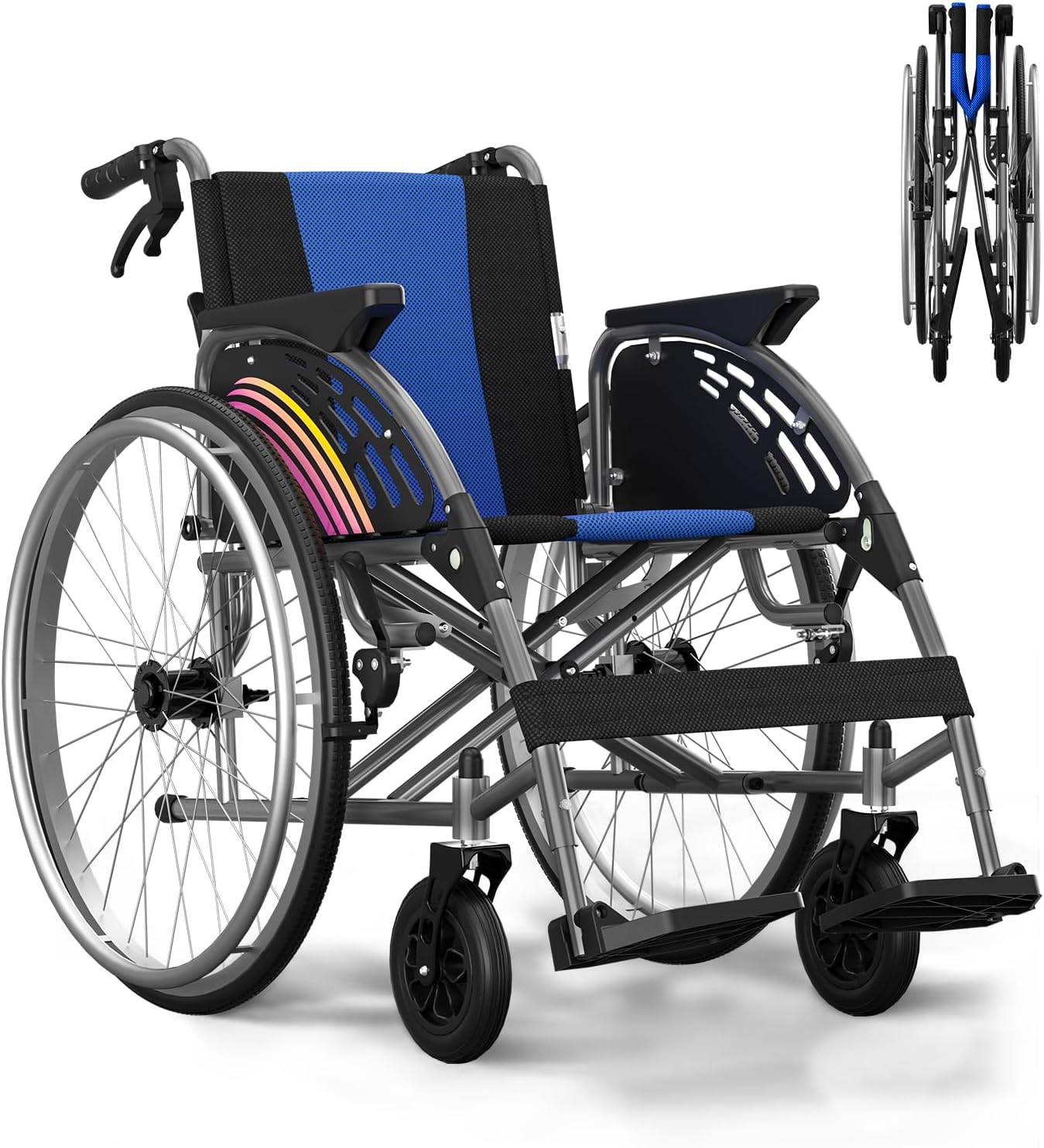 Lightweight Folding Wheelchair for Adults Seniors, Self-Propelled Manual Chair Portable Transport Wheelchair with 24" Large Wheel, Swing-Away Footrest, Flip-Back Arm Support to 300lb, No Install Gray