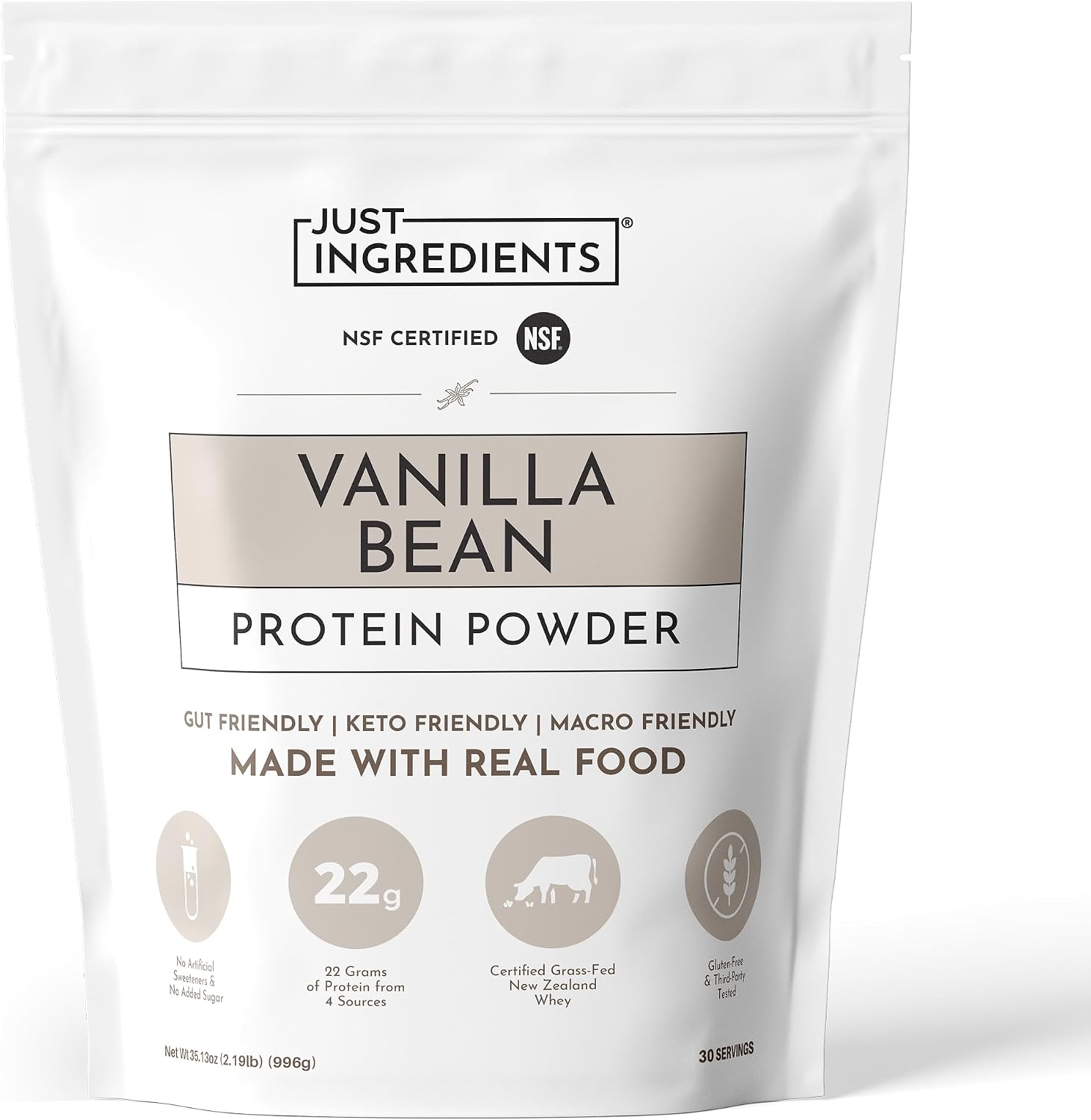 JUST INGREDIENTS Vanilla Protein Powder - Grass-Fed Whey - 30 Servings | Pea Chia Collagen Blend For Recovery