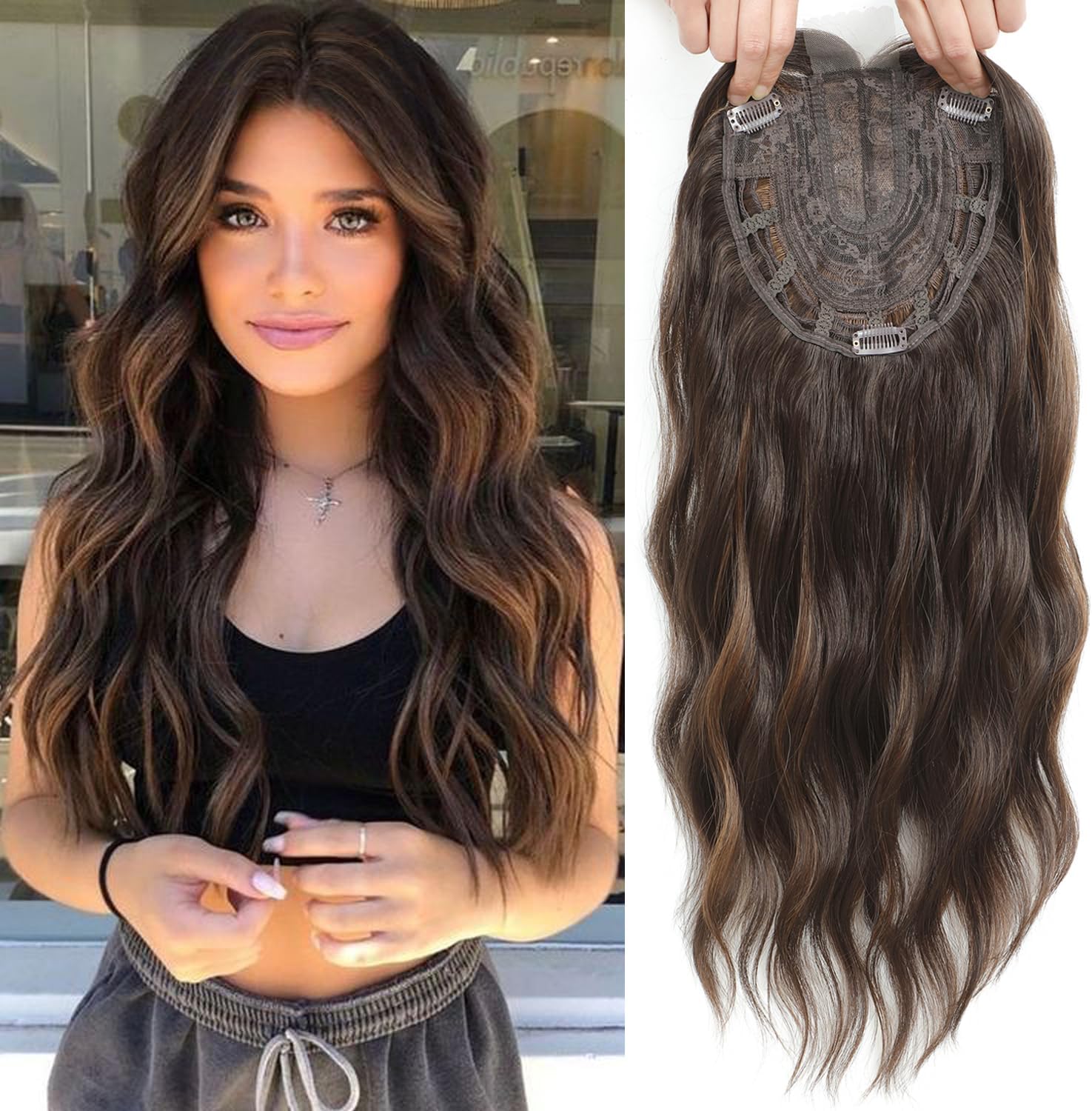 20inch Hair Topper, 7x7" Base Size Wavy hair Topper for Women, Handmade Natural Hairline Hair toppers Fake Hairpieces for Women (Brown with Highlights)