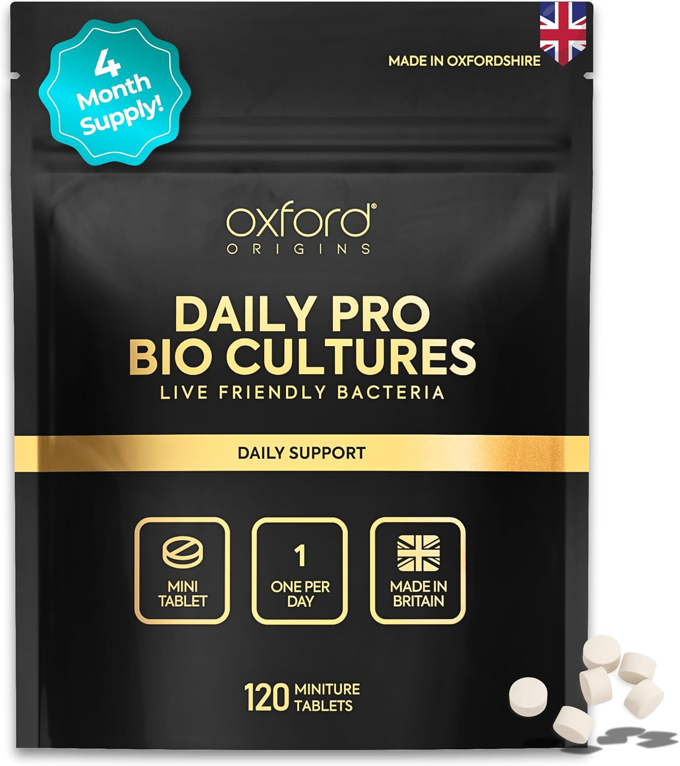 Daily Pro Bio Cultures | One-a-Day Live Cultures Supplement for Gut Health | 550 Million CFU Lactobacillus Acidophilus | 120 Mini Tablets | Vegan & Gluten-Free | 4-Month Supply | Made in the UK