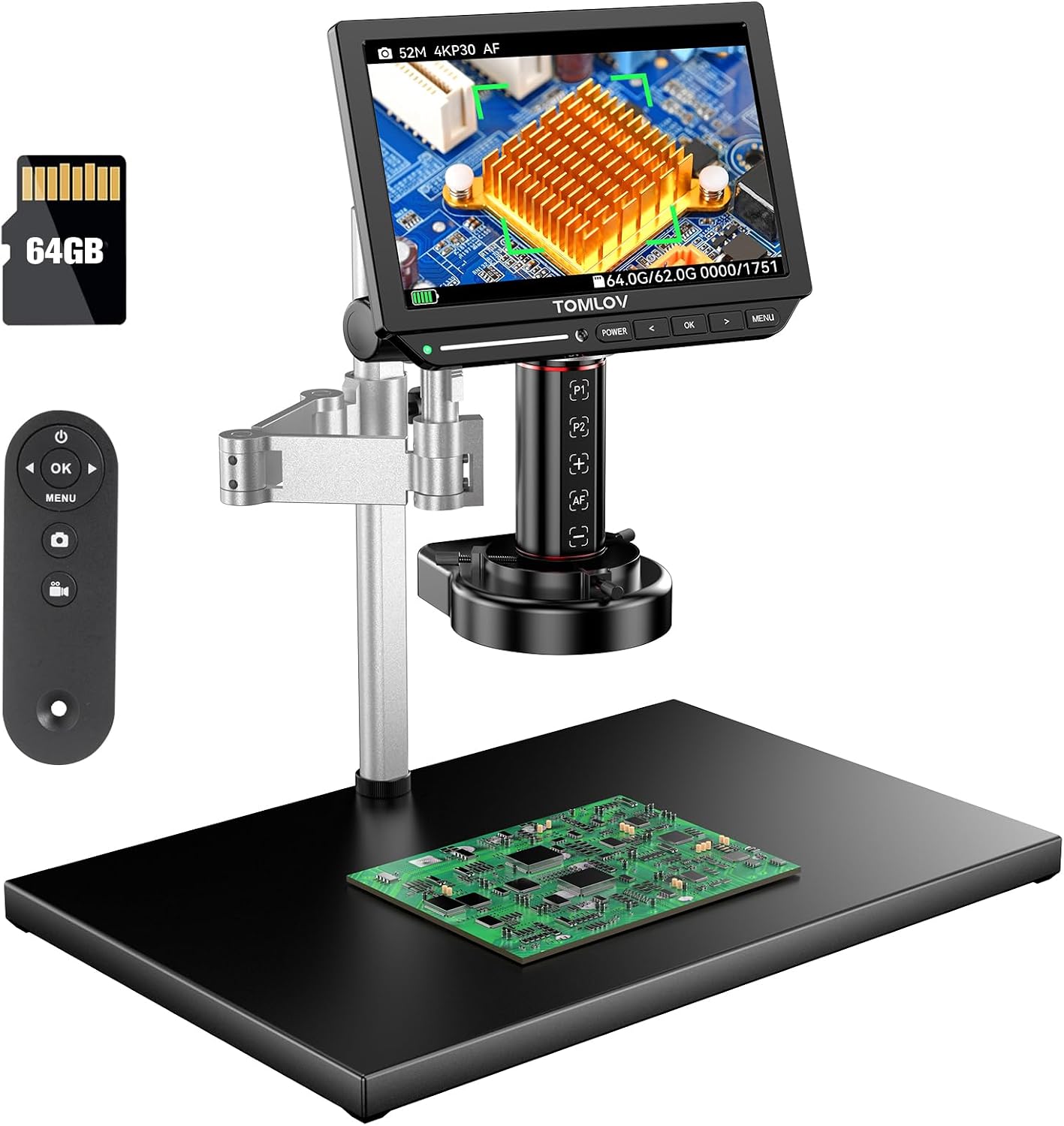 TOMLOV 4K Autofocus Microscope TM4K-AF Max, 10.1" HDMI Digital Microscope with Spin Flex Arm, Micro Soldering Microscopes for Electronics Repair, 52MP Error Coin Micro Scope Full View, Ring Light, 64G