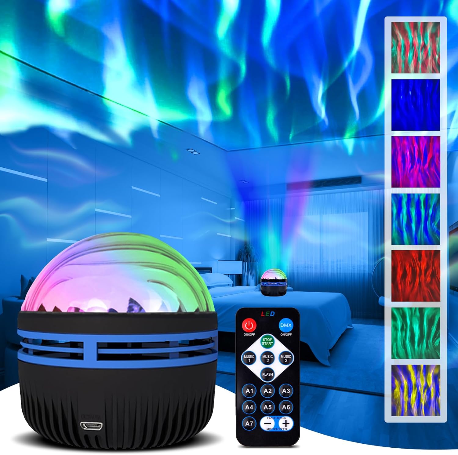 2 in 1 Aurora Borealis and Oceanic Waves Projector LED Starry Sky Projector with Remote Control & 7 Light Effects, Galaxy Projector Lamp for Bedroom Decoration
