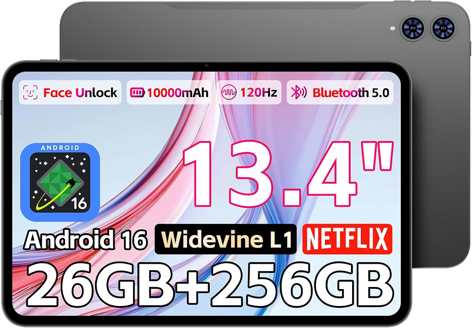 TECLAST T65 Tablet 13.4 Inch, Android 16 Tablet, 26GB RAM 256GB ROM(TF 4TB), 10000mAh, 120Hz, 2.2GHz gaming Tablet, 4G LTE Dual SIM,1920x1200 IPS, Quad-Core Large Tablet, 5+13MP, GPS, Widevine L1