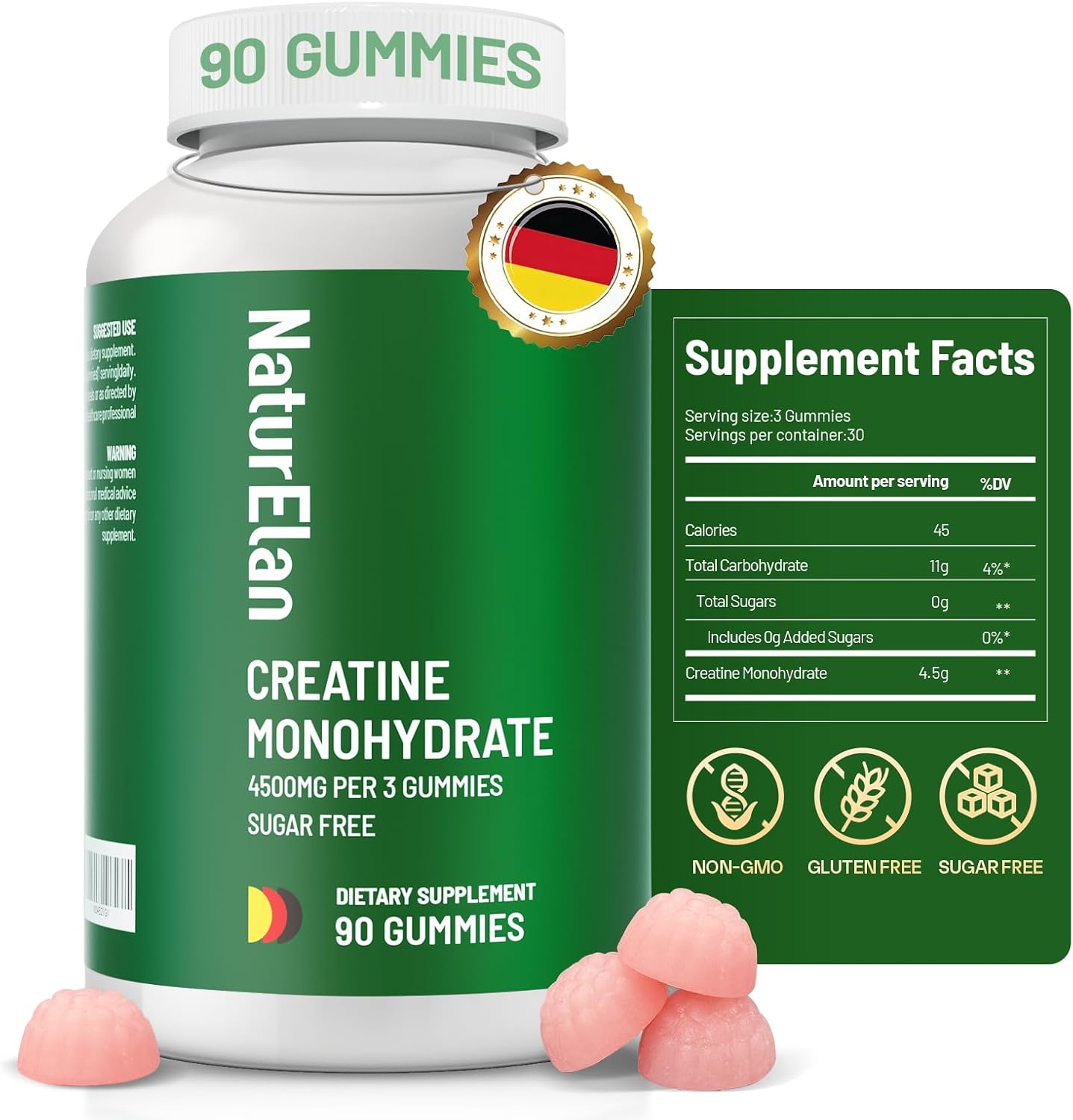 Creatine Monohydrate Gummies 4500mg, Sugar Free, No Gelatin, Pre Workout Supplement Supports Muscle Growth, Strength & Faster Recovery, Third-Party Tested, Vegan, Non-GMO