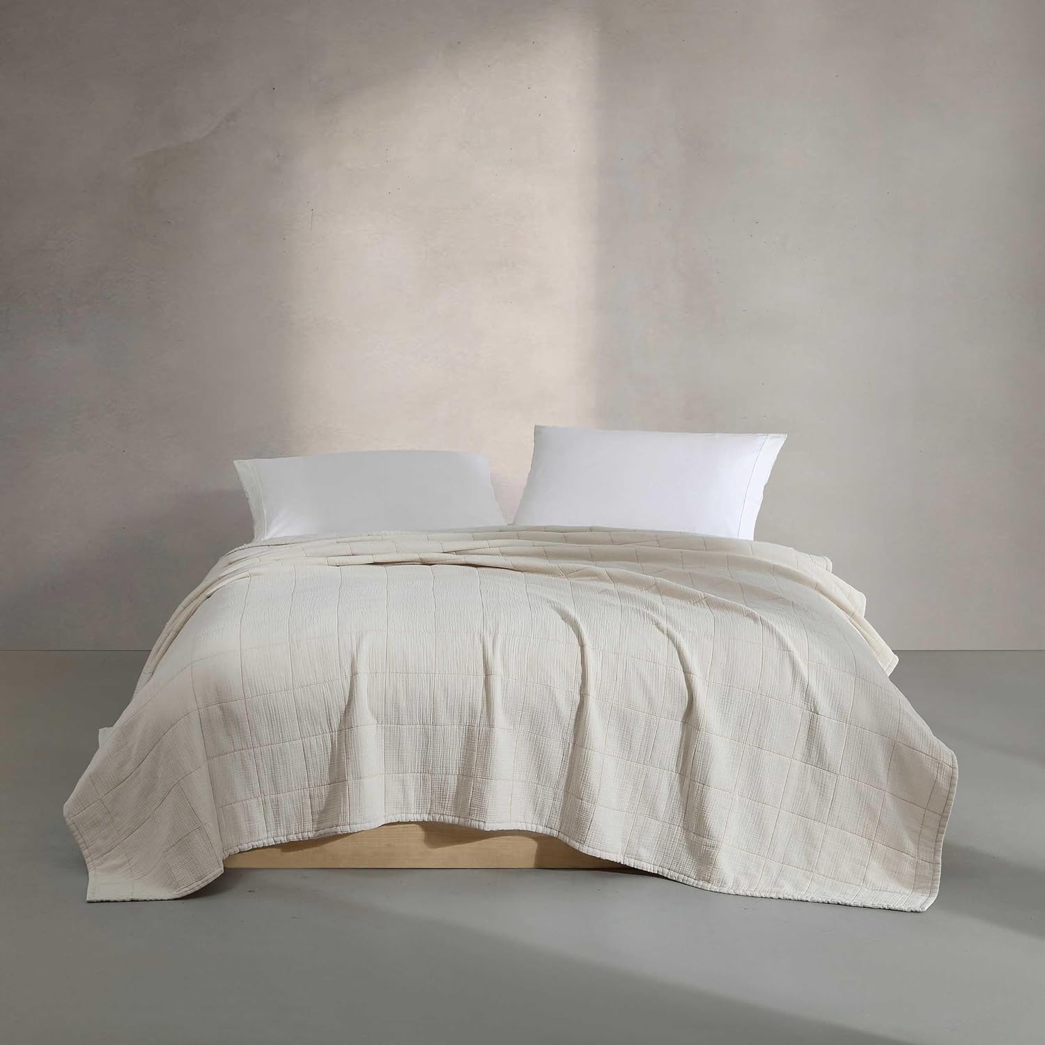 Calvin Klein - Queen Quilt Set, Cotton Gauze Bedding with Matching Shams, Box Stitch Design, Light & Airy for Year Round Use, Oeko-Tex Certified (Beige)