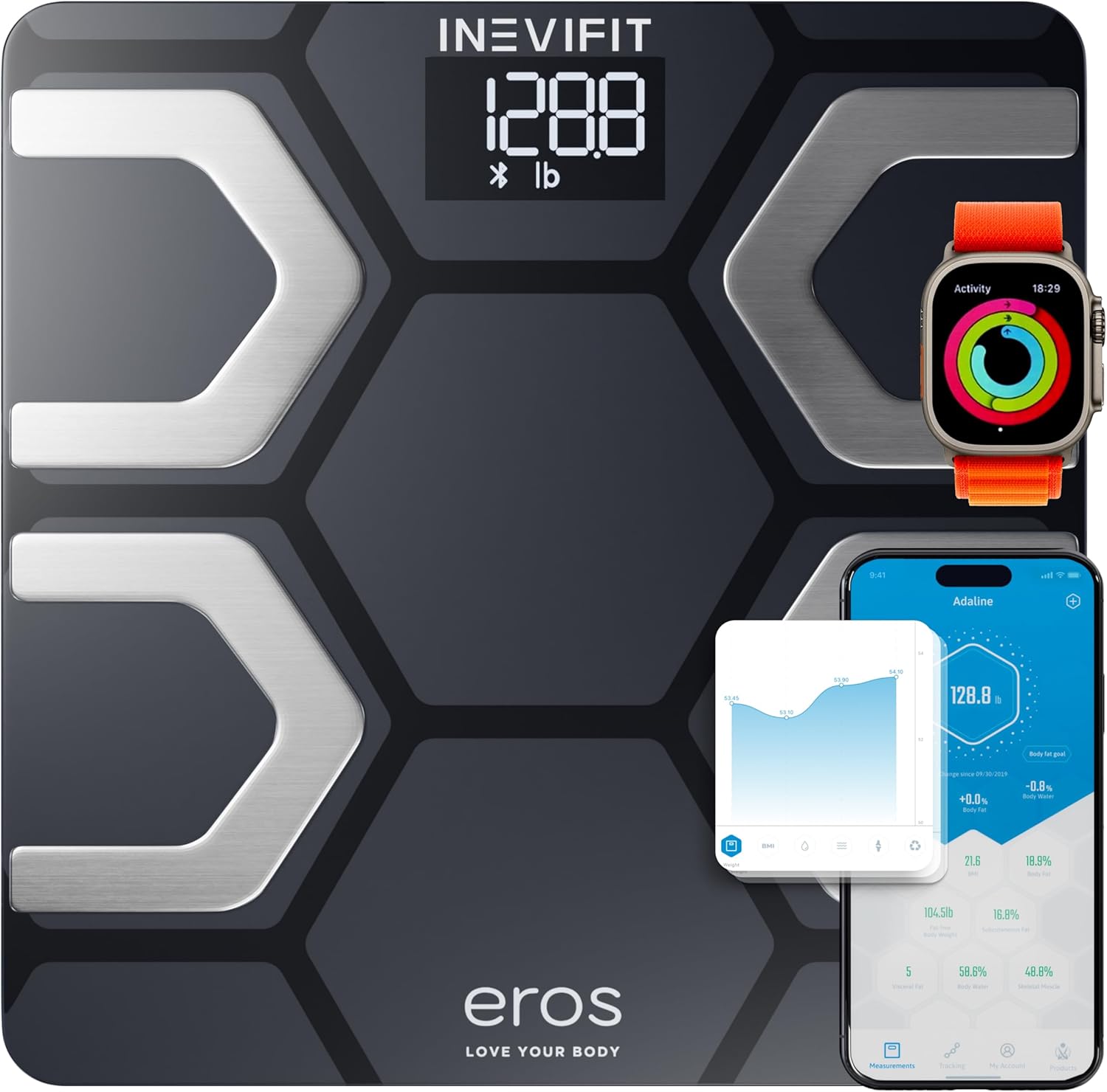 INEVIFIT EROS Bluetooth Body Fat Scale Smart BMI Highly Accurate Digital Bathroom Body Composition Analyzer with Wireless Smartphone APP 400 lbs 11.8 x 11.8 inch (Black)